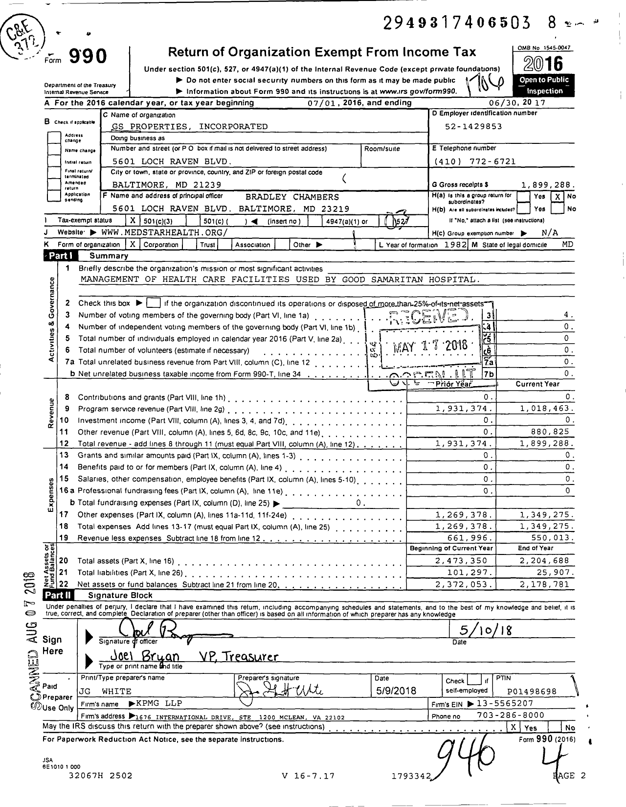 Image of first page of 2016 Form 990 for GS Properties Incorporated