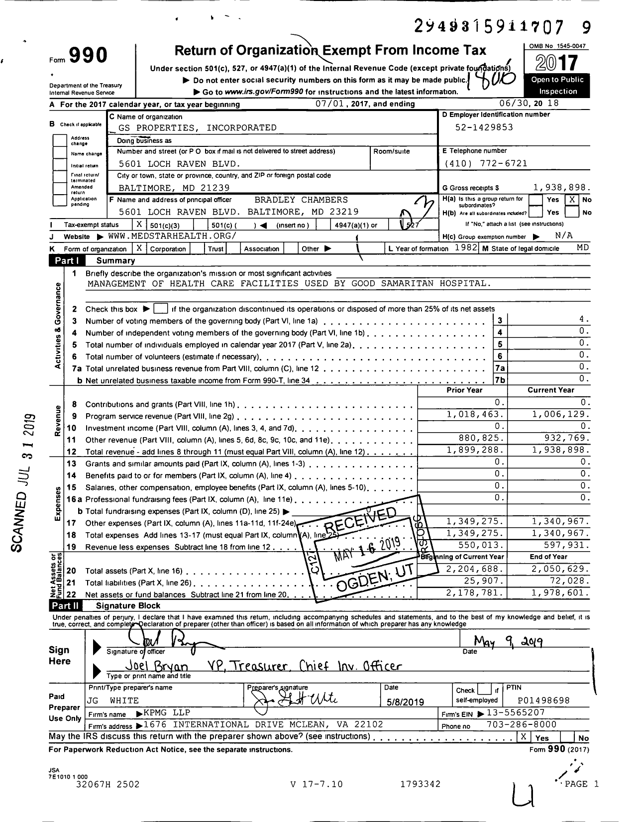 Image of first page of 2017 Form 990 for GS Properties Incorporated