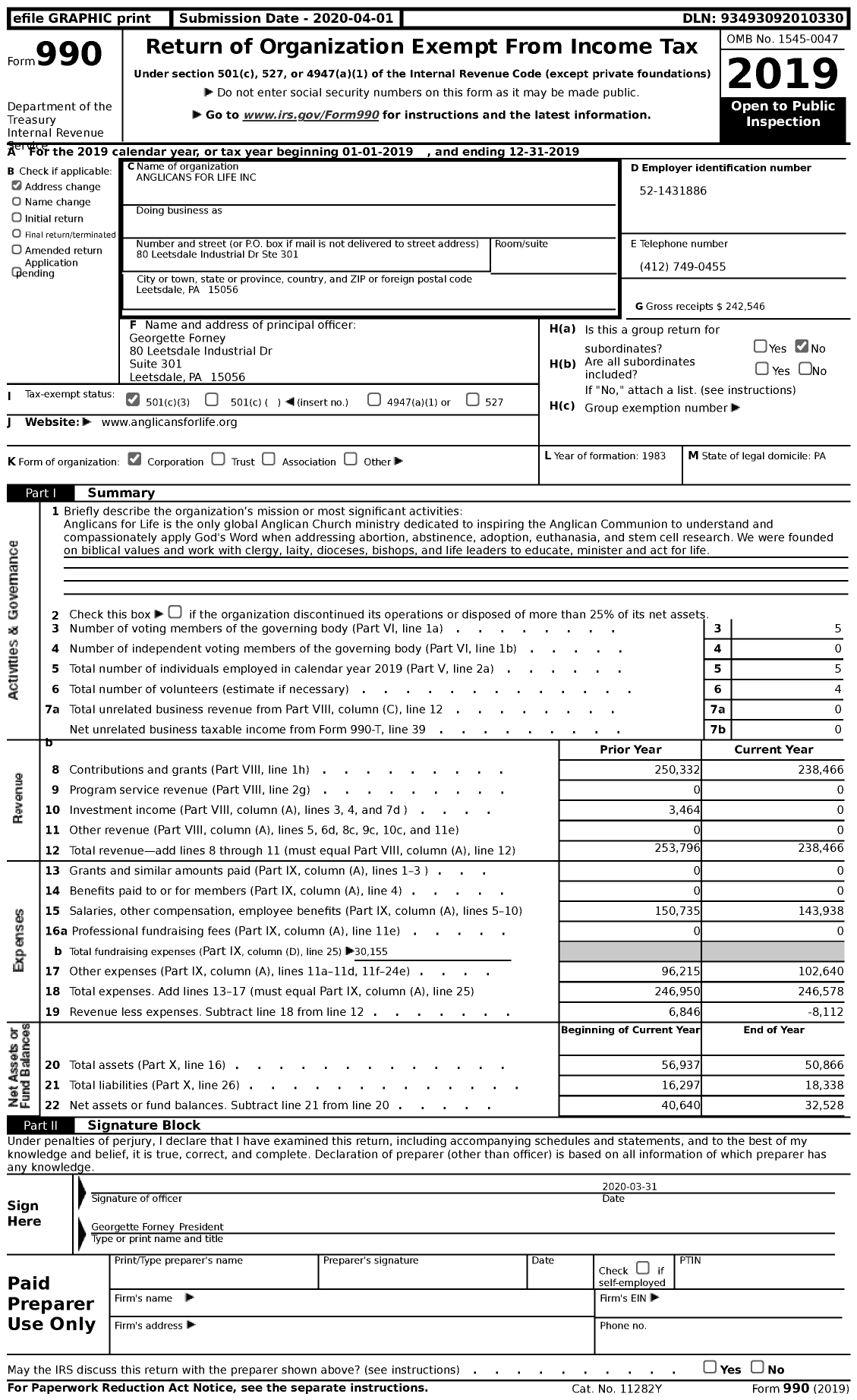 Image of first page of 2019 Form 990 for Anglicans for Life