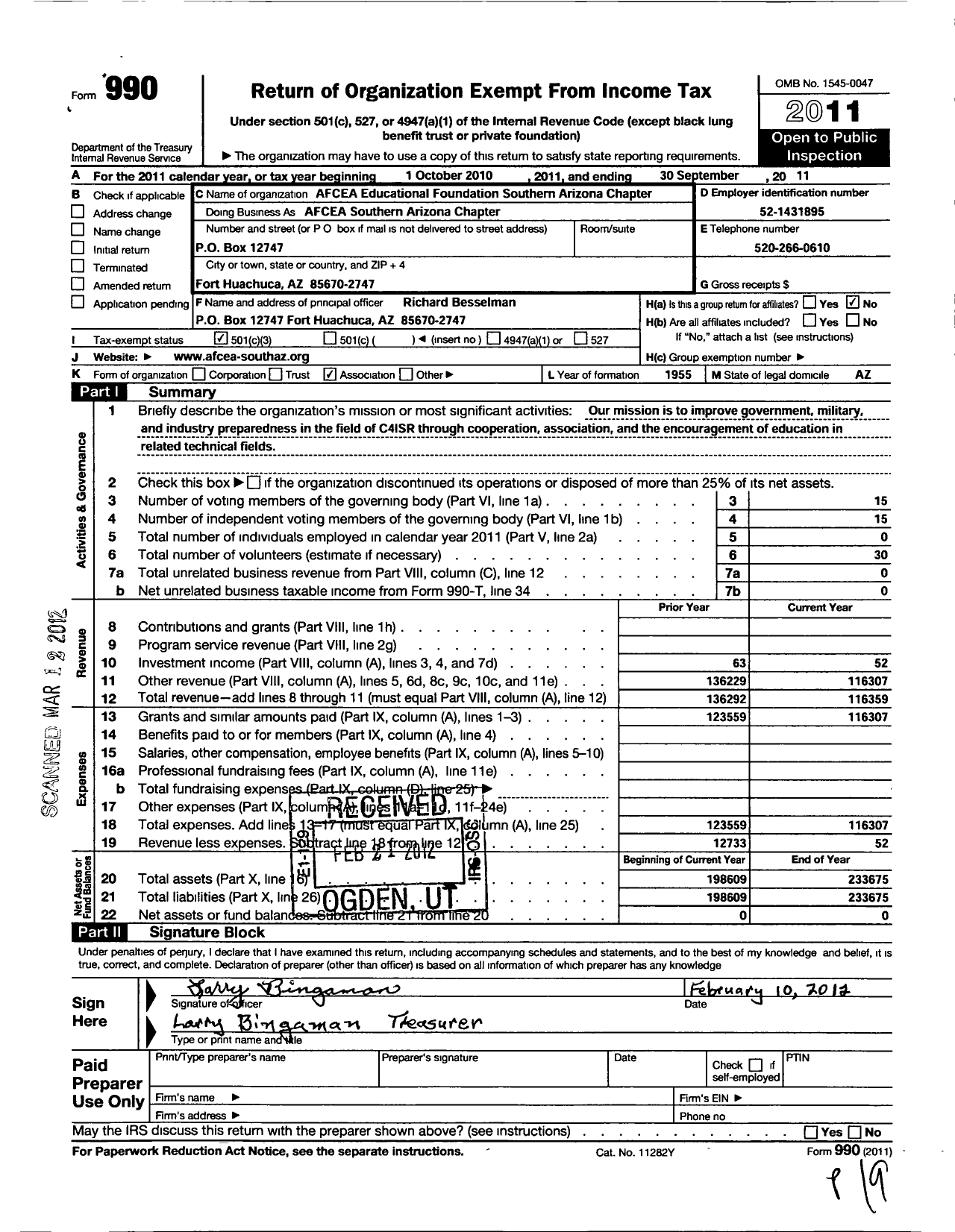 Image of first page of 2010 Form 990 for Afcea Educational Foundation / Afcea Southern Arizona Chapter