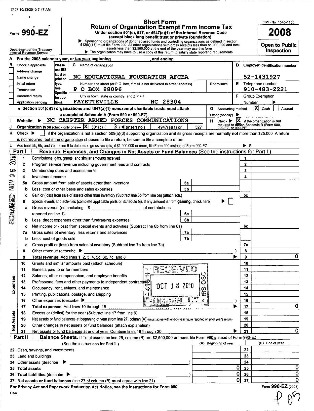 Image of first page of 2008 Form 990EZ for Afcea Educational Foundation / North Carolina Chapter