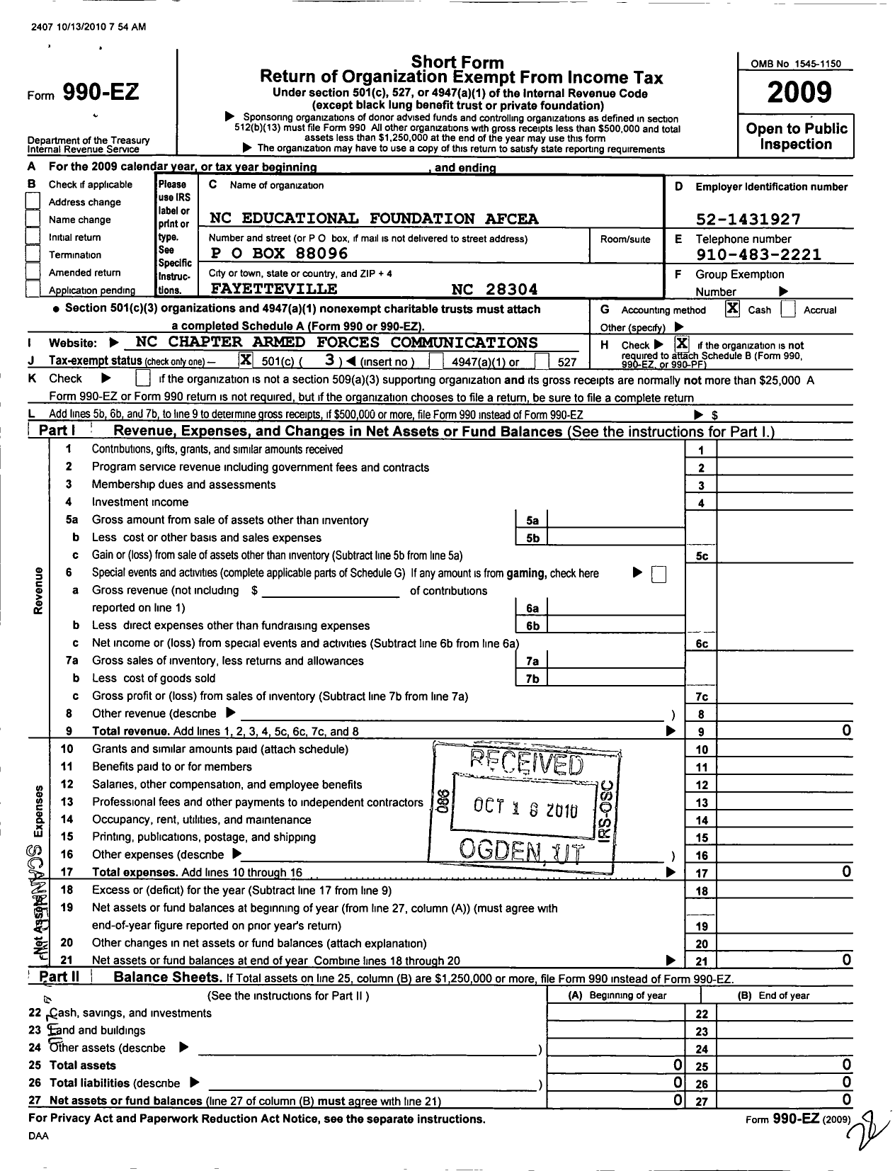 Image of first page of 2009 Form 990EZ for Afcea Educational Foundation / North Carolina Chapter