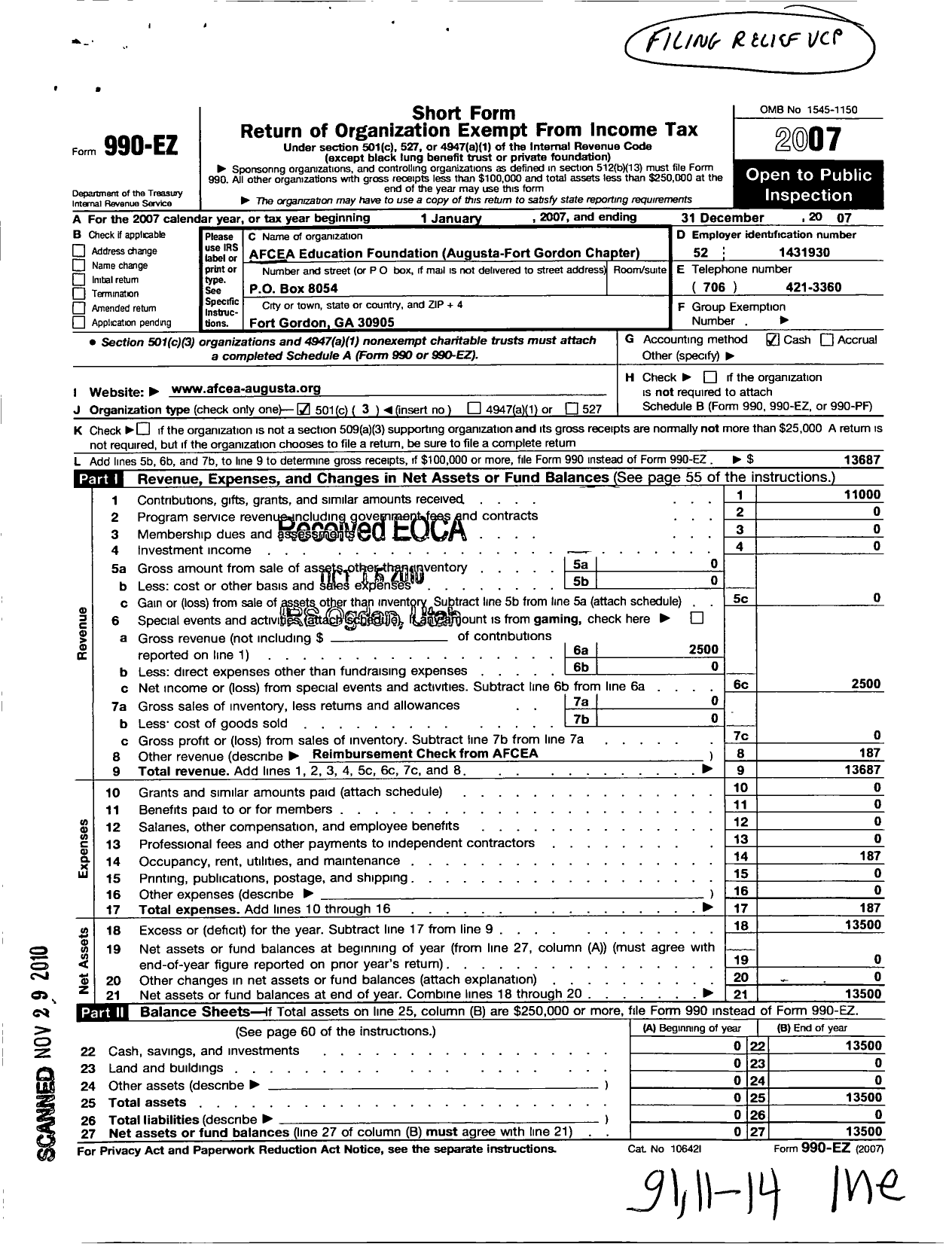 Image of first page of 2007 Form 990EZ for Afcea Educational Foundation / Augusta-Fort Gordon Chapter