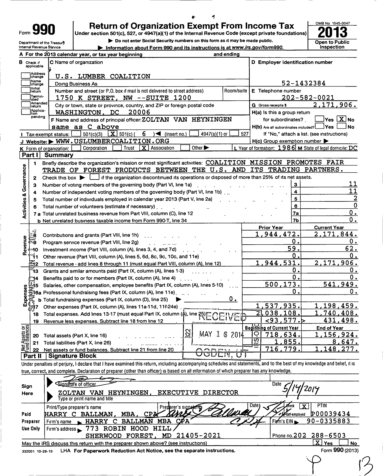 Image of first page of 2013 Form 990O for Us Lumber Coalition