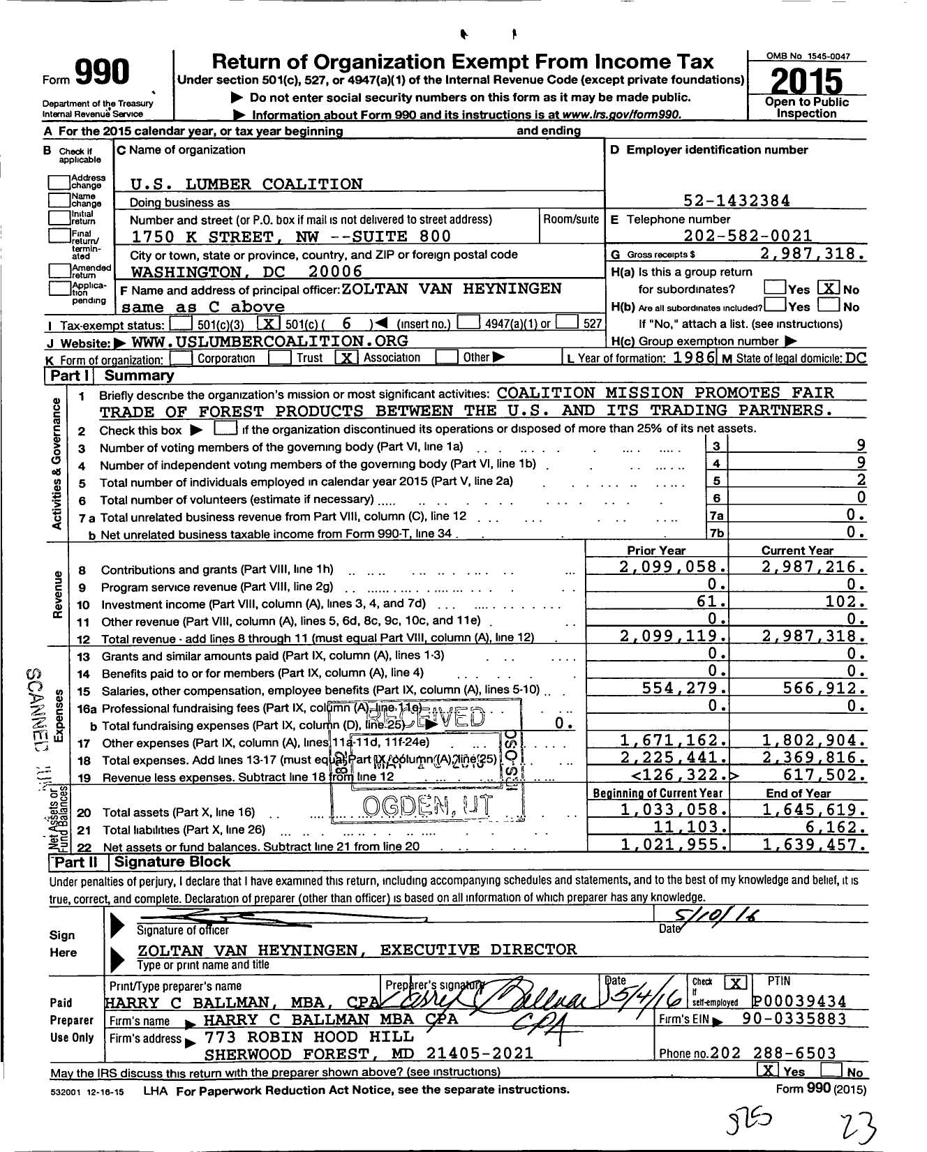 Image of first page of 2015 Form 990O for Us Lumber Coalition