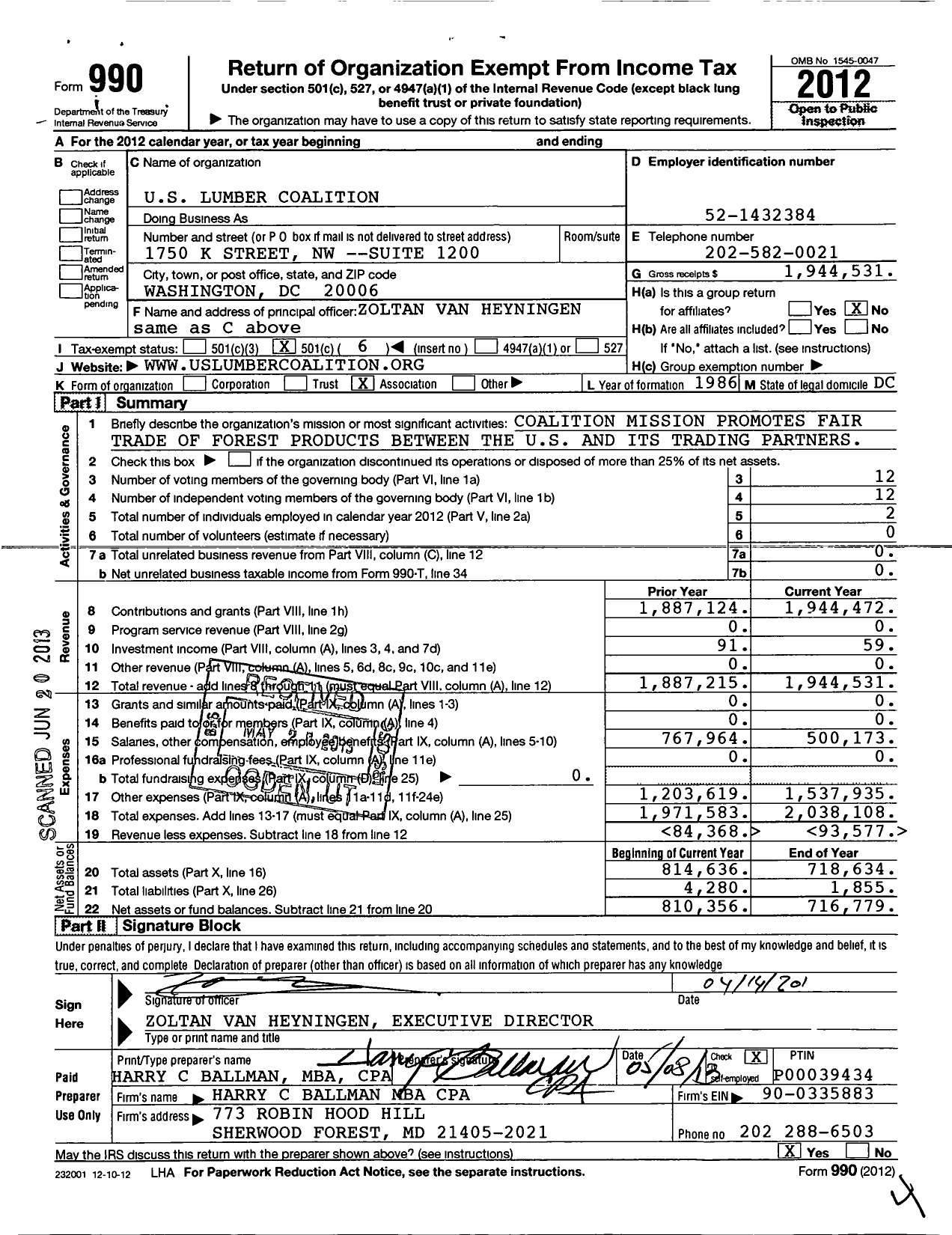 Image of first page of 2012 Form 990O for Us Lumber Coalition