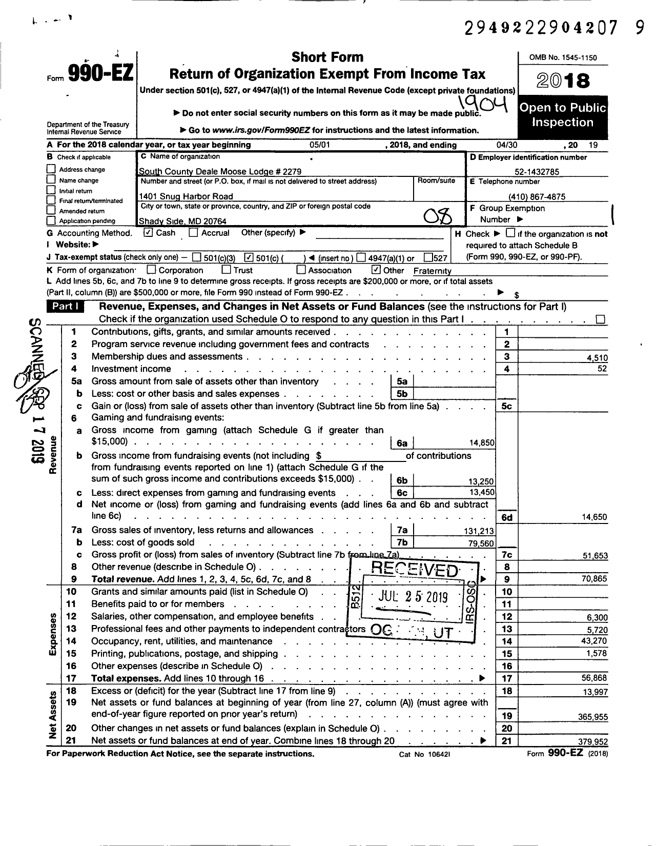 Image of first page of 2018 Form 990EO for Loyal Order of Moose - 2279