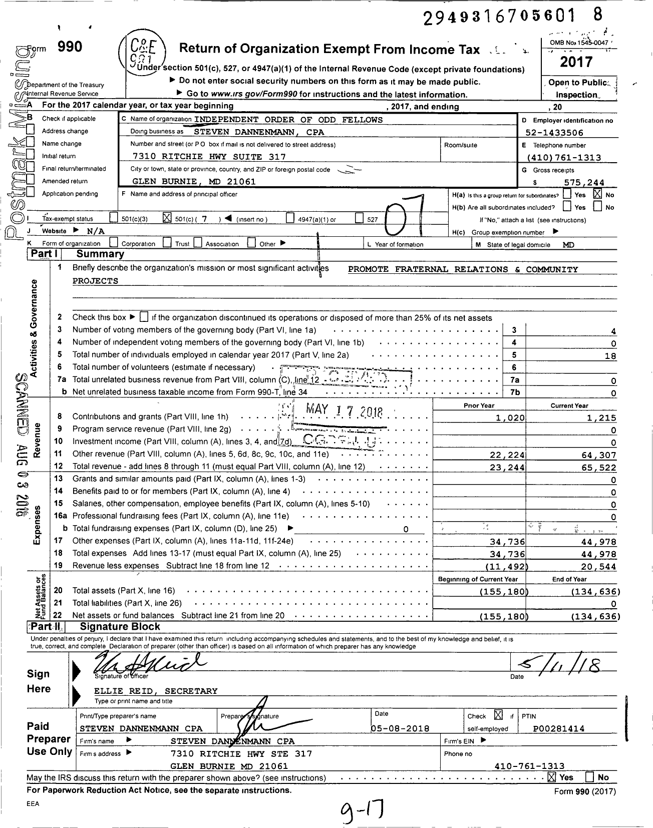 Image of first page of 2017 Form 990O for Independent Order of Odd Fellows - 4 North Point Lodge