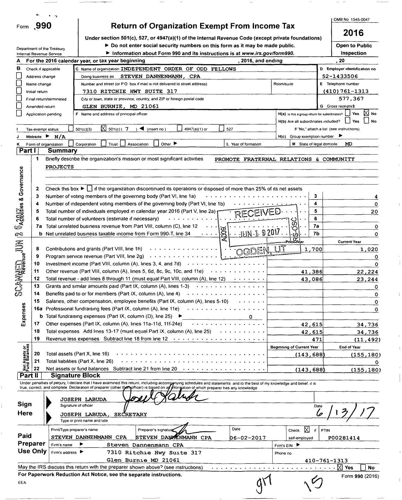 Image of first page of 2016 Form 990O for Independent Order of Odd Fellows - 4 North Point Lodge