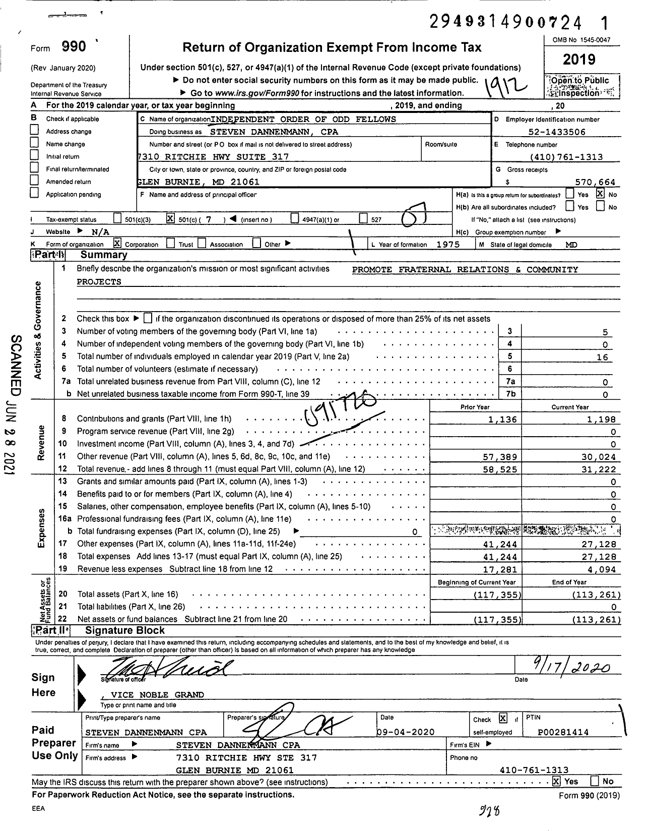 Image of first page of 2019 Form 990O for Independent Order of Odd Fellows - 4 North Point Lodge