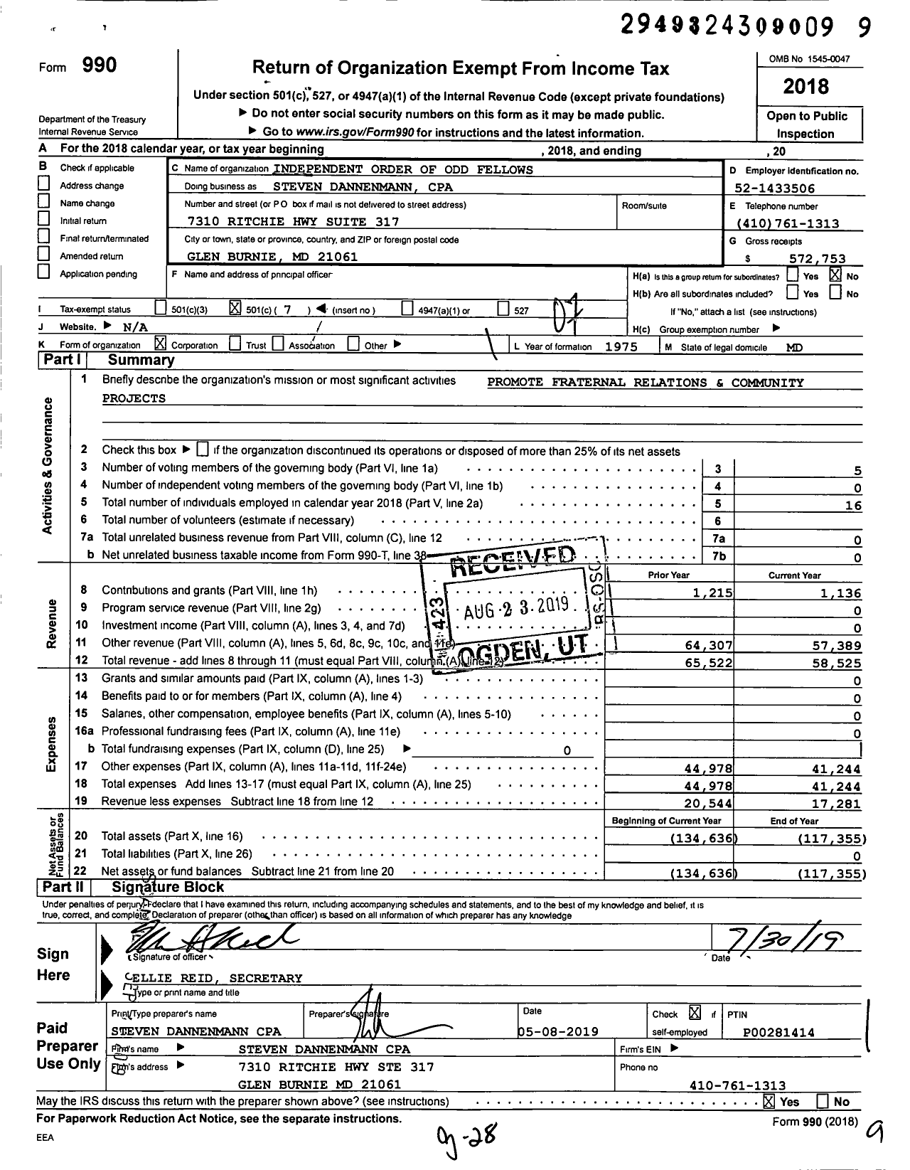 Image of first page of 2018 Form 990O for Independent Order of Odd Fellows - 4 North Point Lodge