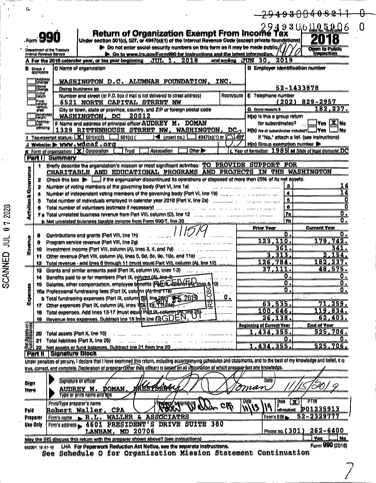 Image of first page of 2018 Form 990 for Washington D C Alumnae Foundation