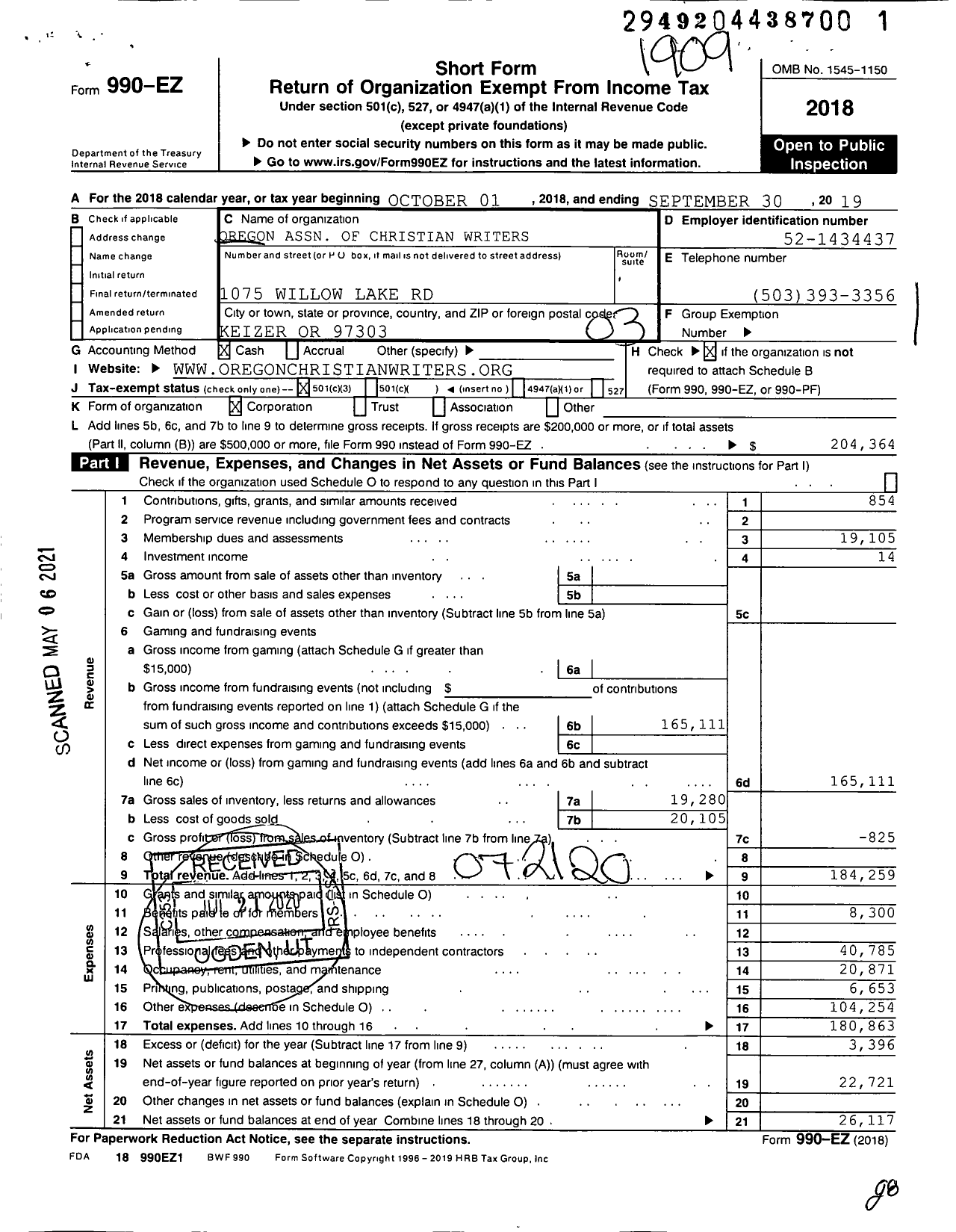 Image of first page of 2018 Form 990EZ for Oregon Association of Christian Writers