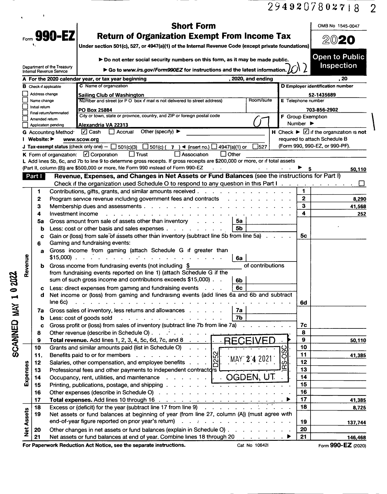 Image of first page of 2020 Form 990EO for The Sailing Club of Washington