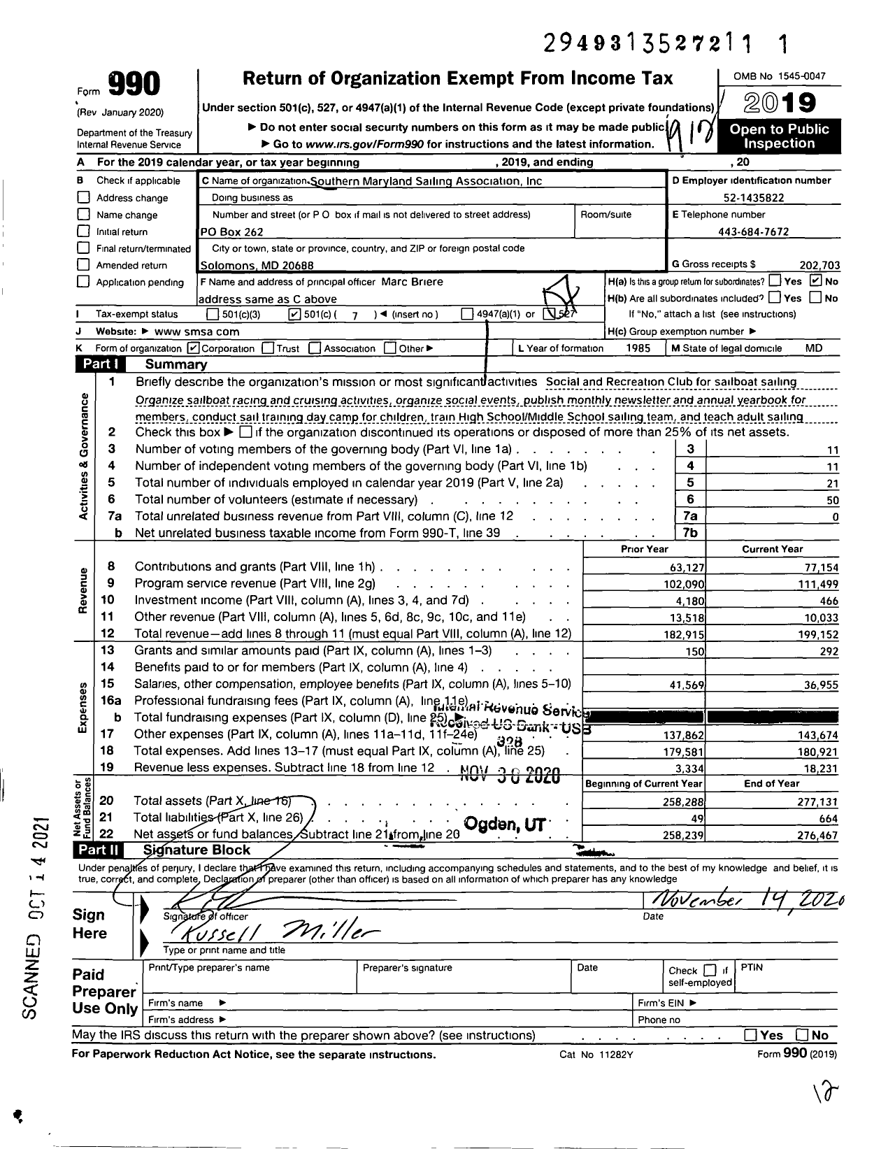 Image of first page of 2019 Form 990O for Southern Maryland Sailing Association