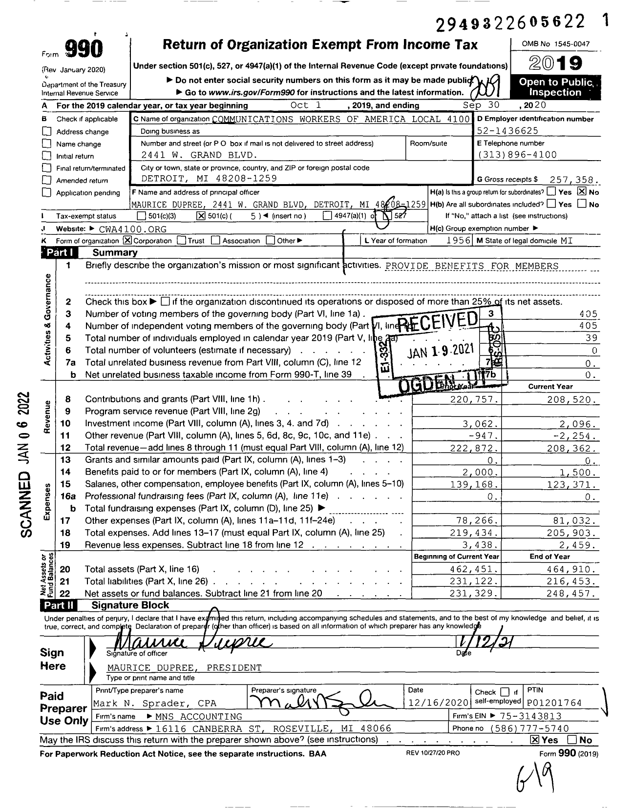 Image of first page of 2019 Form 990O for Communications Workers of America - 4100 Local