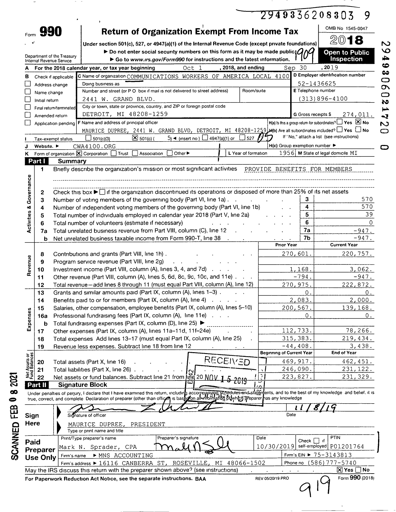 Image of first page of 2018 Form 990O for Communications Workers of America - 4100 Local