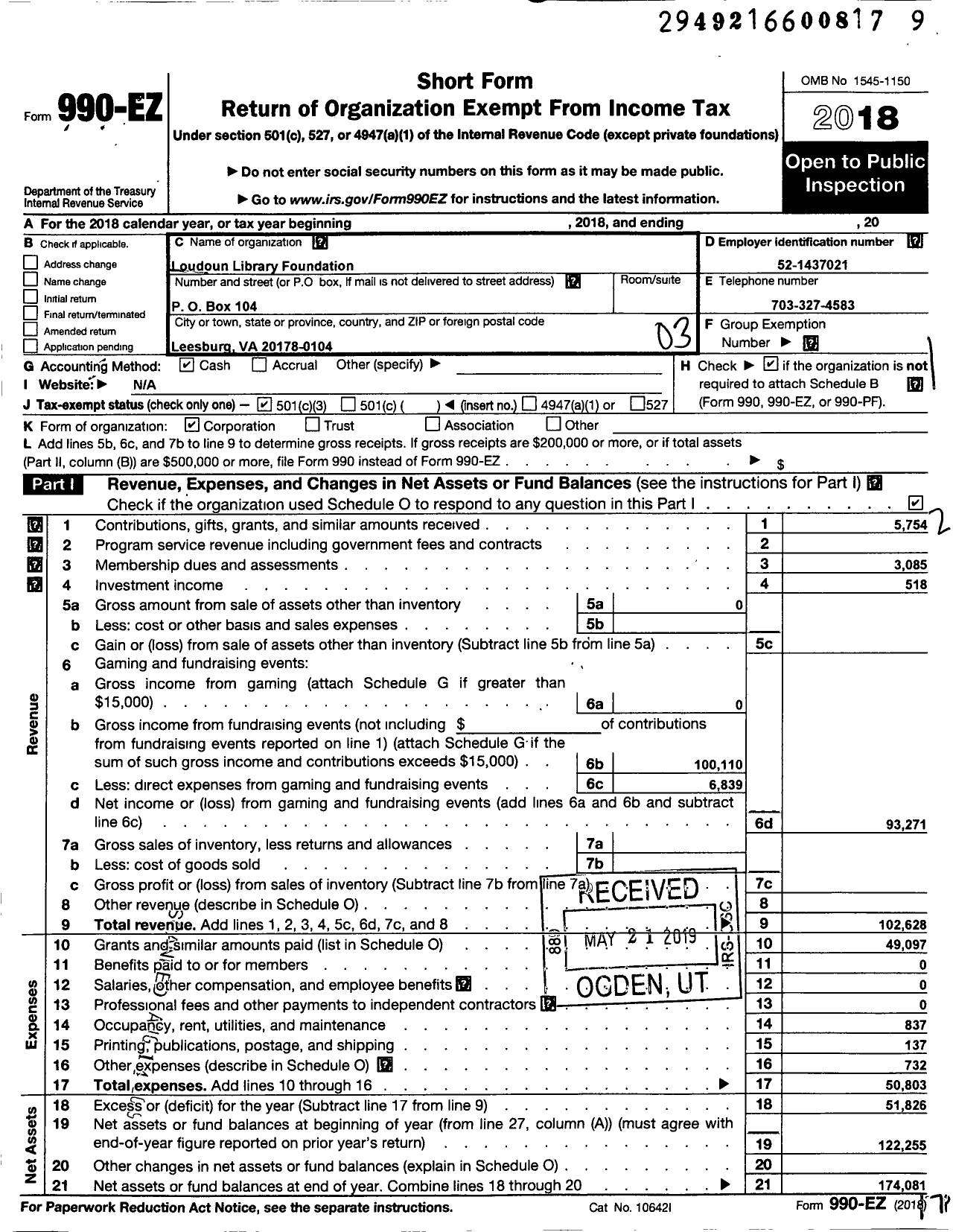 Image of first page of 2018 Form 990EZ for Loudoun Library Foundation