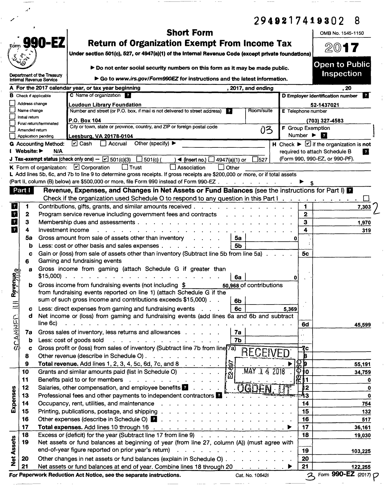 Image of first page of 2017 Form 990EZ for Loudoun Library Foundation