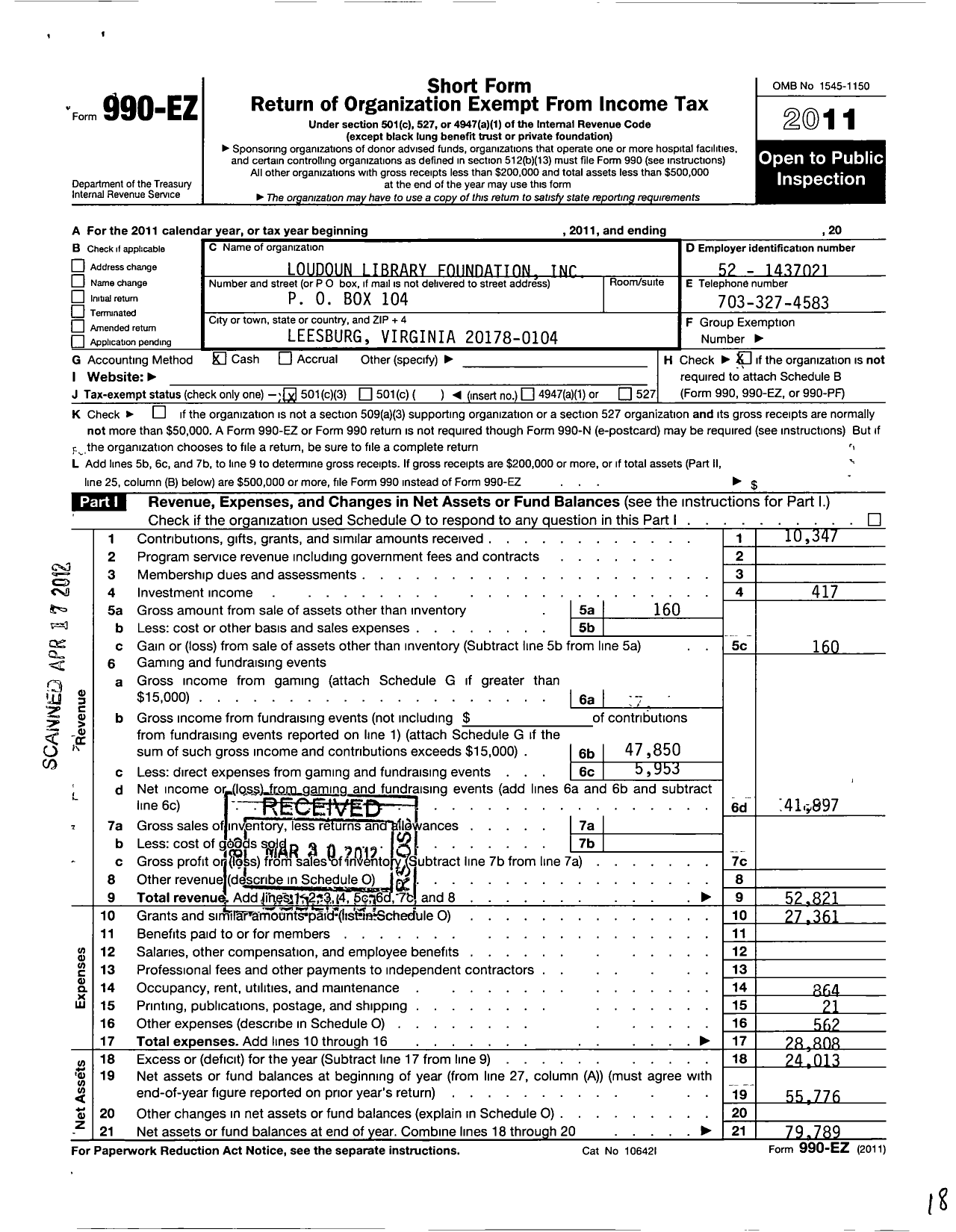 Image of first page of 2011 Form 990EZ for Loudoun Library Foundation