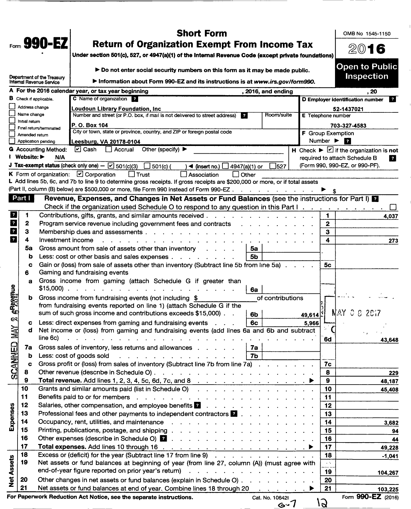 Image of first page of 2016 Form 990EZ for Loudoun Library Foundation