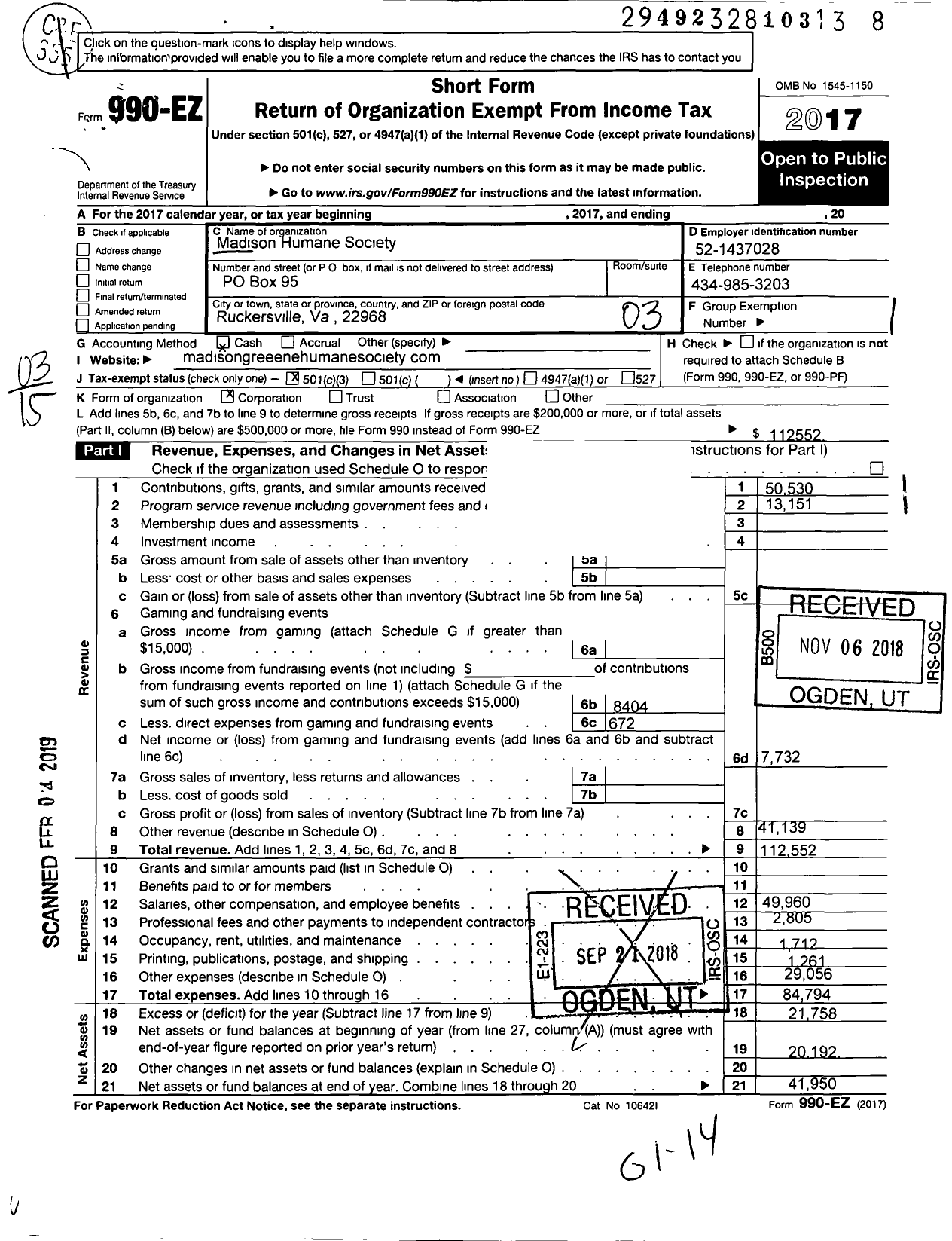 Image of first page of 2017 Form 990EZ for Madison-Greene Humane Society