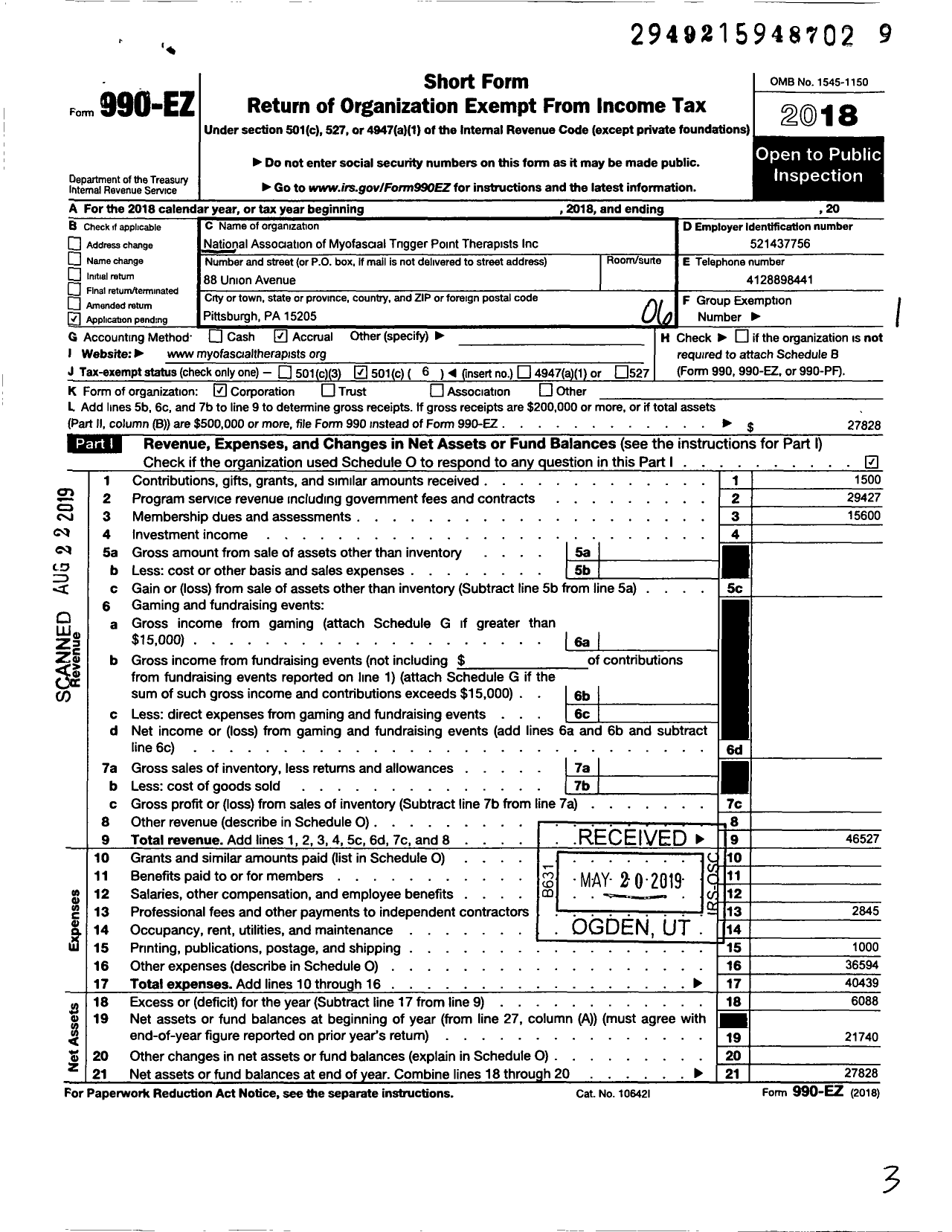 Image of first page of 2018 Form 990EO for National Association of Myofascial Trigger Point Therapists