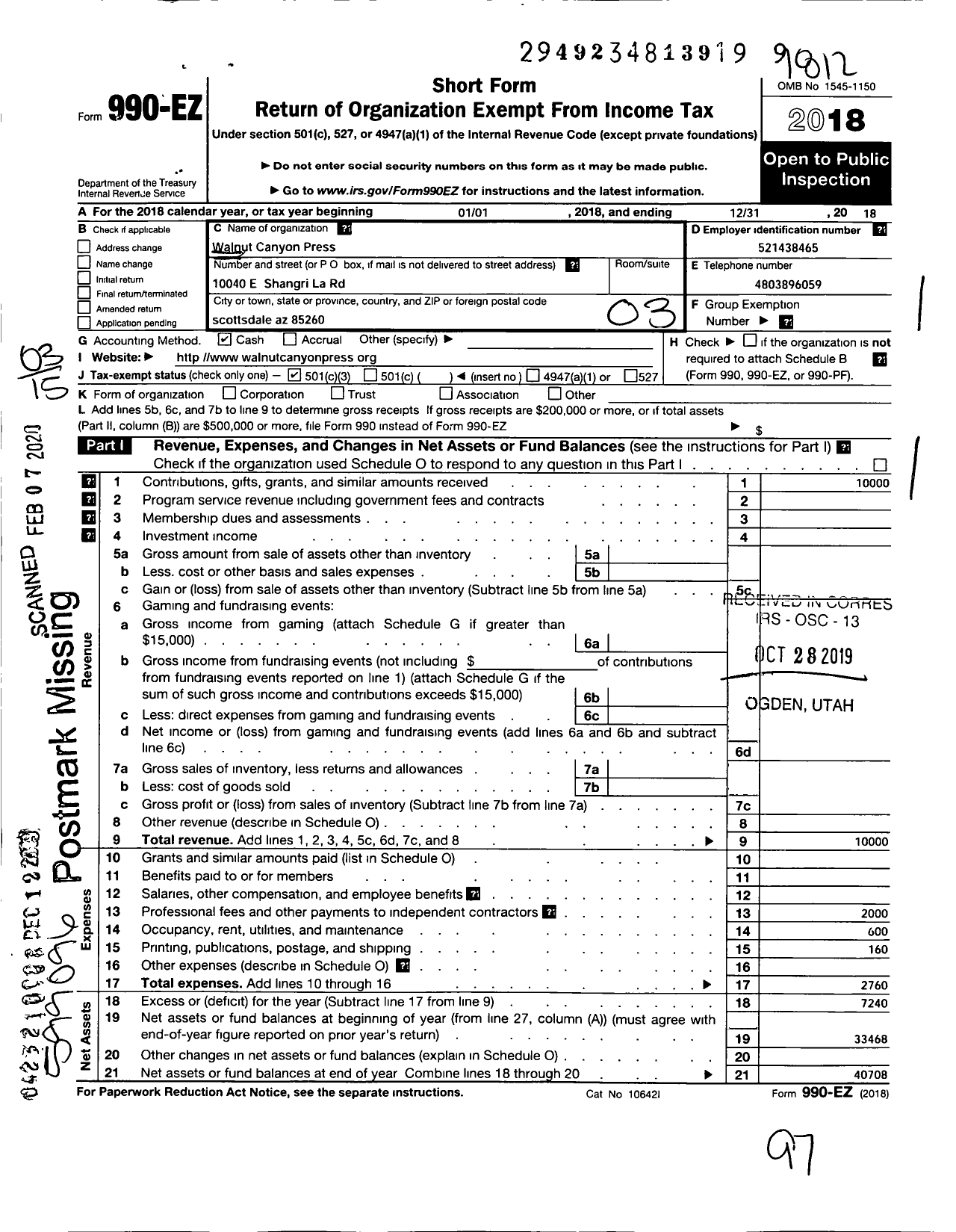 Image of first page of 2018 Form 990EZ for Walnut Canyon Press