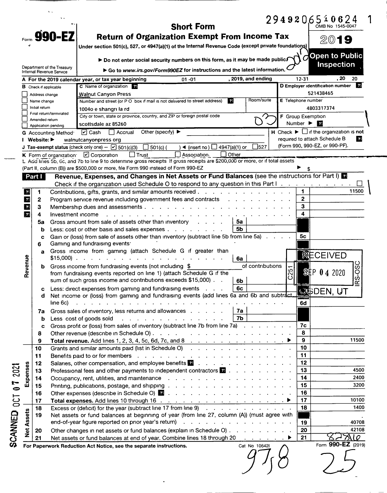 Image of first page of 2020 Form 990EZ for Walnut Canyon Press