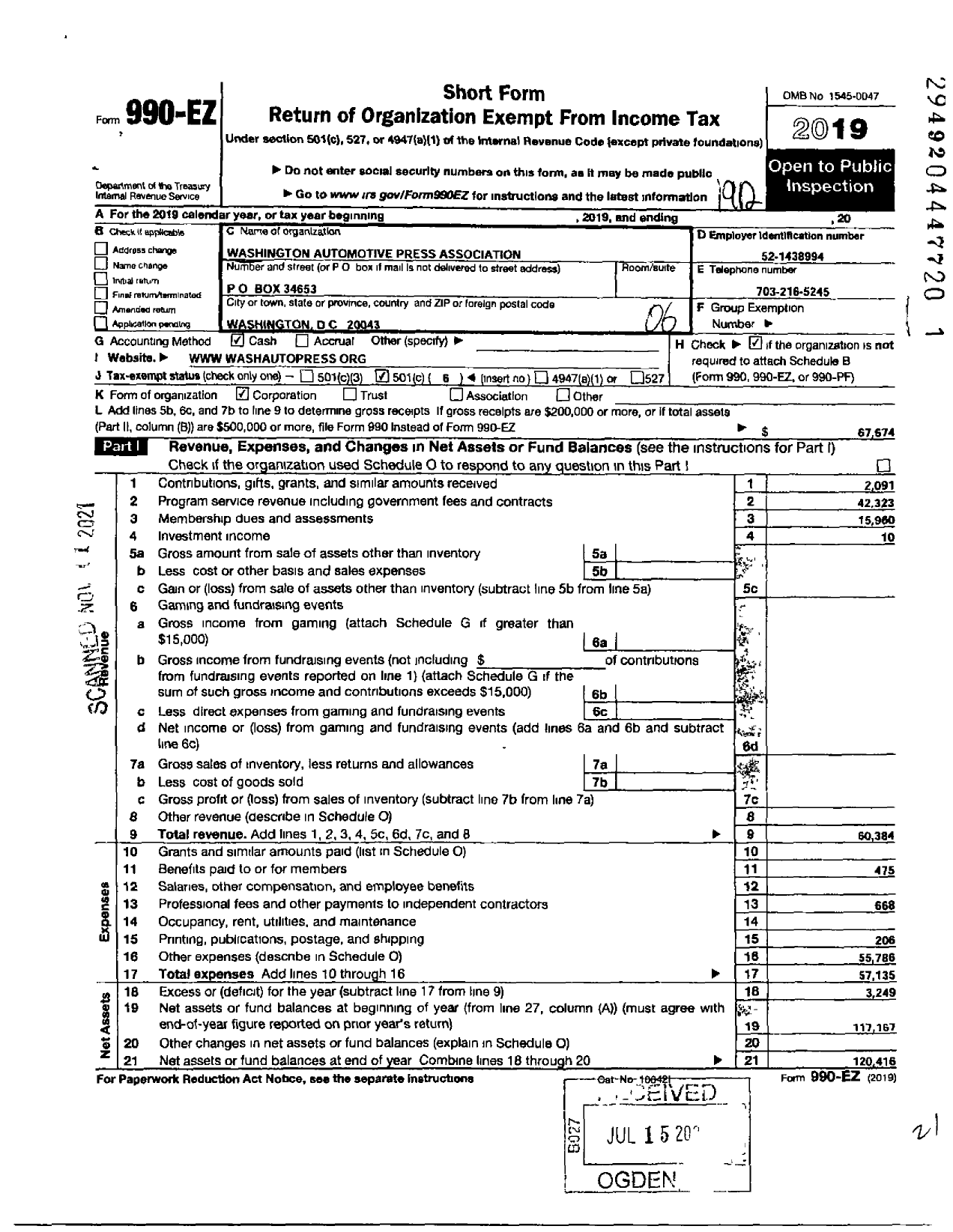 Image of first page of 2019 Form 990EO for Washington Automotive Press Association