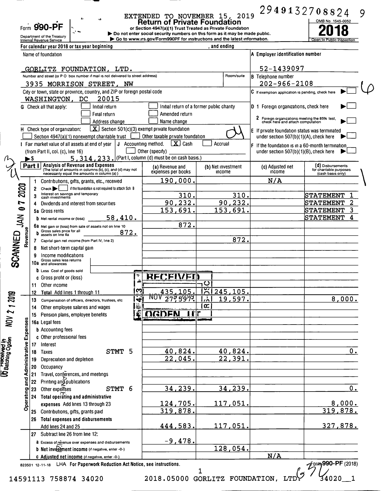 Image of first page of 2018 Form 990PF for Gorlitz Foundation