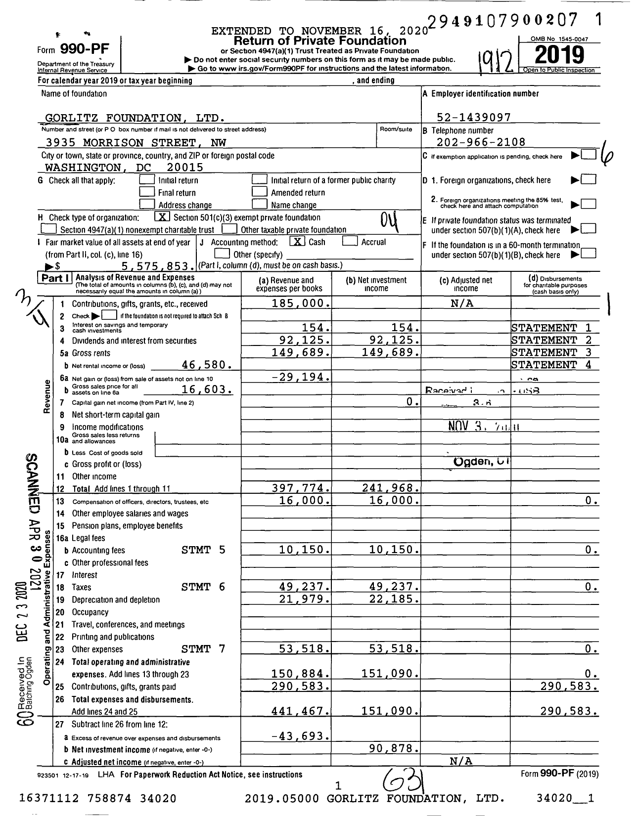 Image of first page of 2019 Form 990PF for Gorlitz Foundation