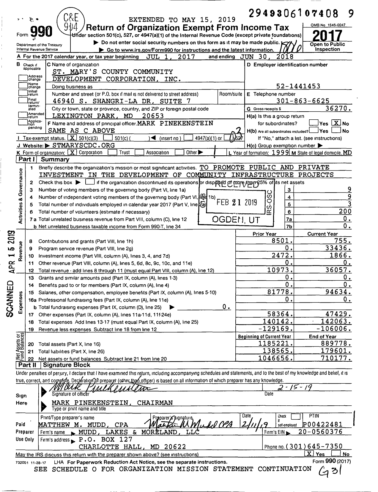 Image of first page of 2017 Form 990 for St Mary's County Community Development Corporation