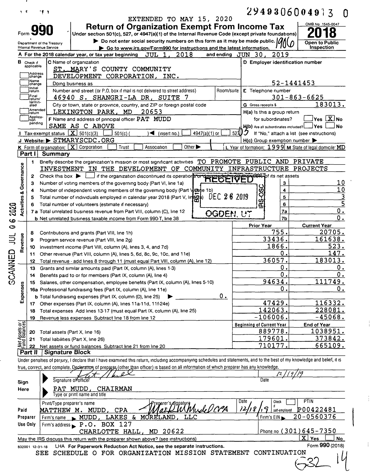 Image of first page of 2018 Form 990 for St Mary's County Community Development Corporation