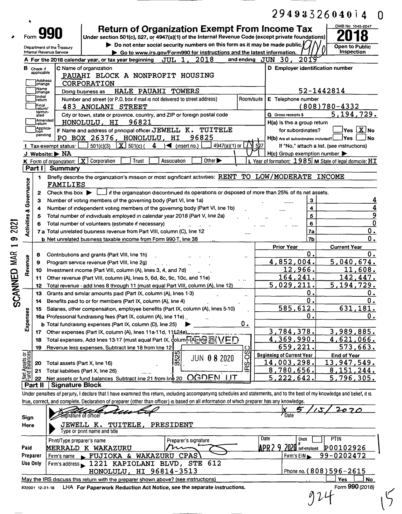 Image of first page of 2018 Form 990O for Hale Pauahi Towers