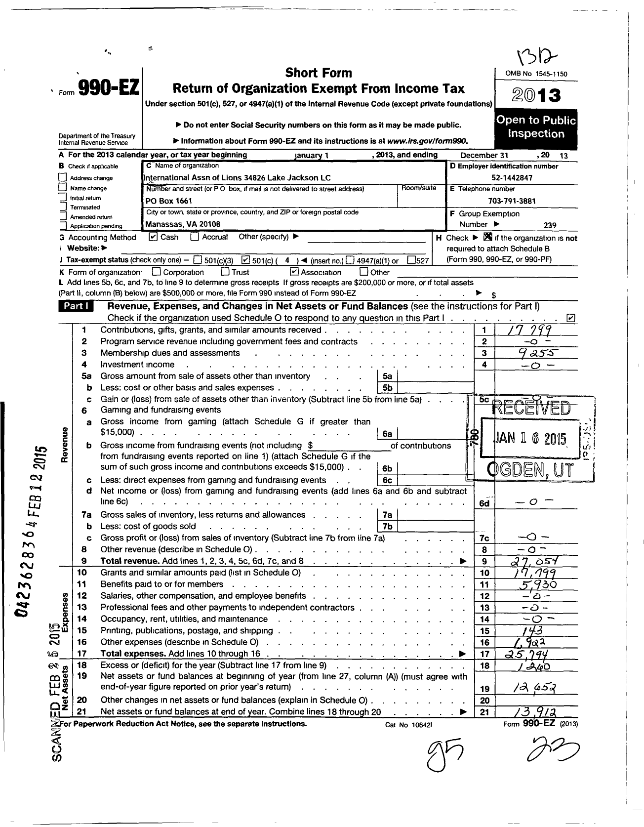 Image of first page of 2013 Form 990EO for Lions Clubs - 34826 Lake Jackson L C