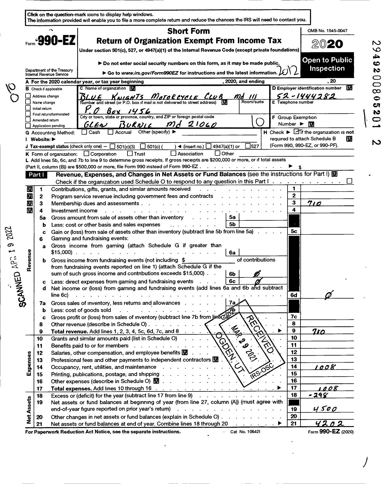 Image of first page of 2020 Form 990EO for Blue Knights Motorcycle Club MD Iii