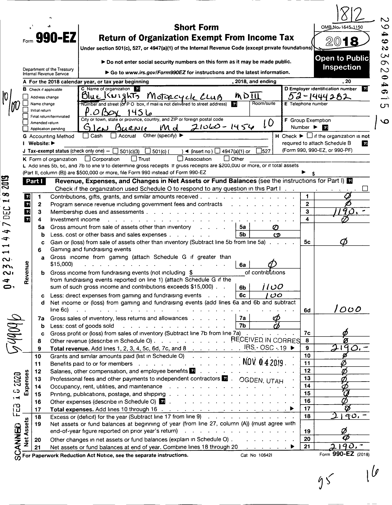 Image of first page of 2018 Form 990EO for Blue Knights Motorcycle Club MD Iii