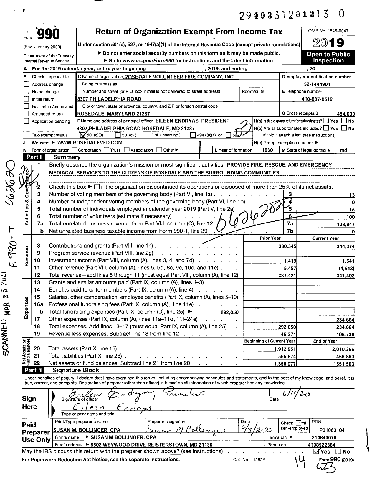 Image of first page of 2019 Form 990 for Rosedale Voluteer Fire Company