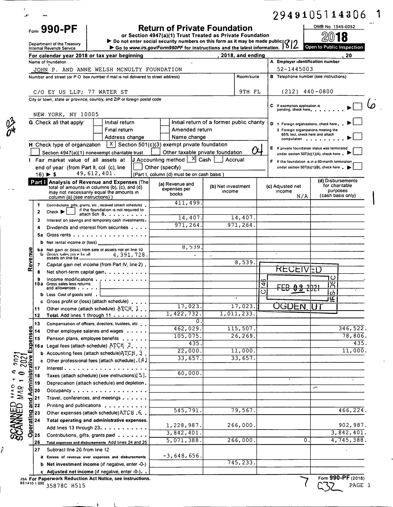 Image of first page of 2018 Form 990PF for John P and Anne Welsh Mcnulty Foundation