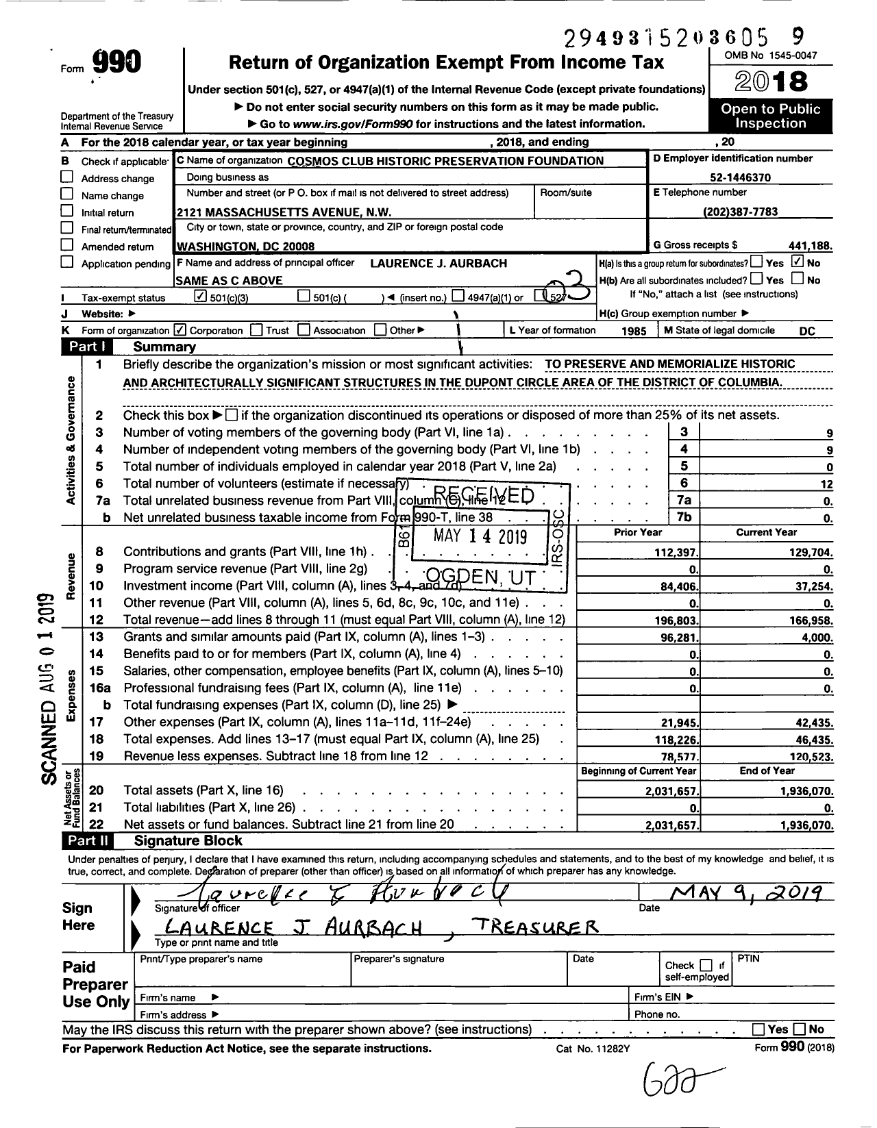 Image of first page of 2018 Form 990 for Cosmos Club Historic Preservation Foundation