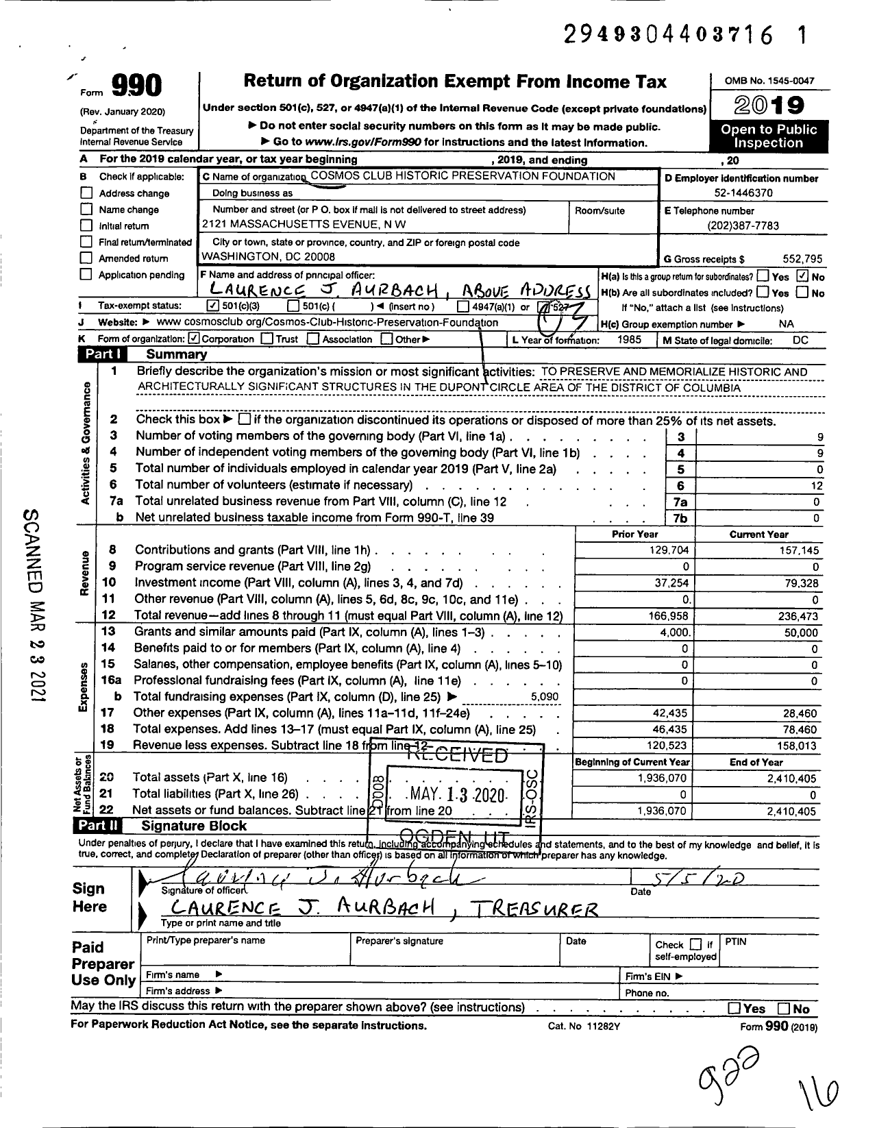 Image of first page of 2019 Form 990 for Cosmos Club Historic Preservation Foundation