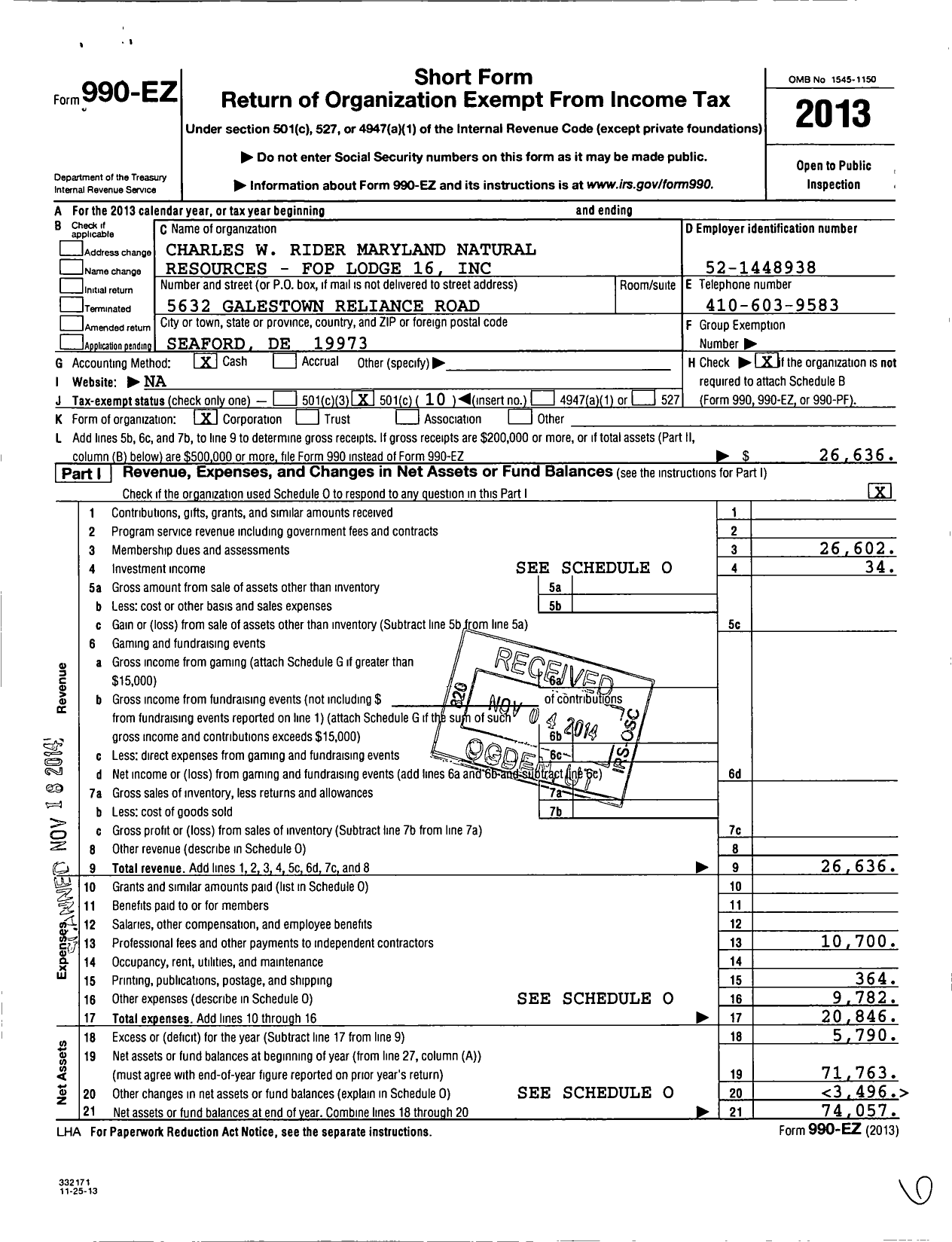 Image of first page of 2013 Form 990EO for Fraternal Order of Police - 16 Charles Rider Lodge