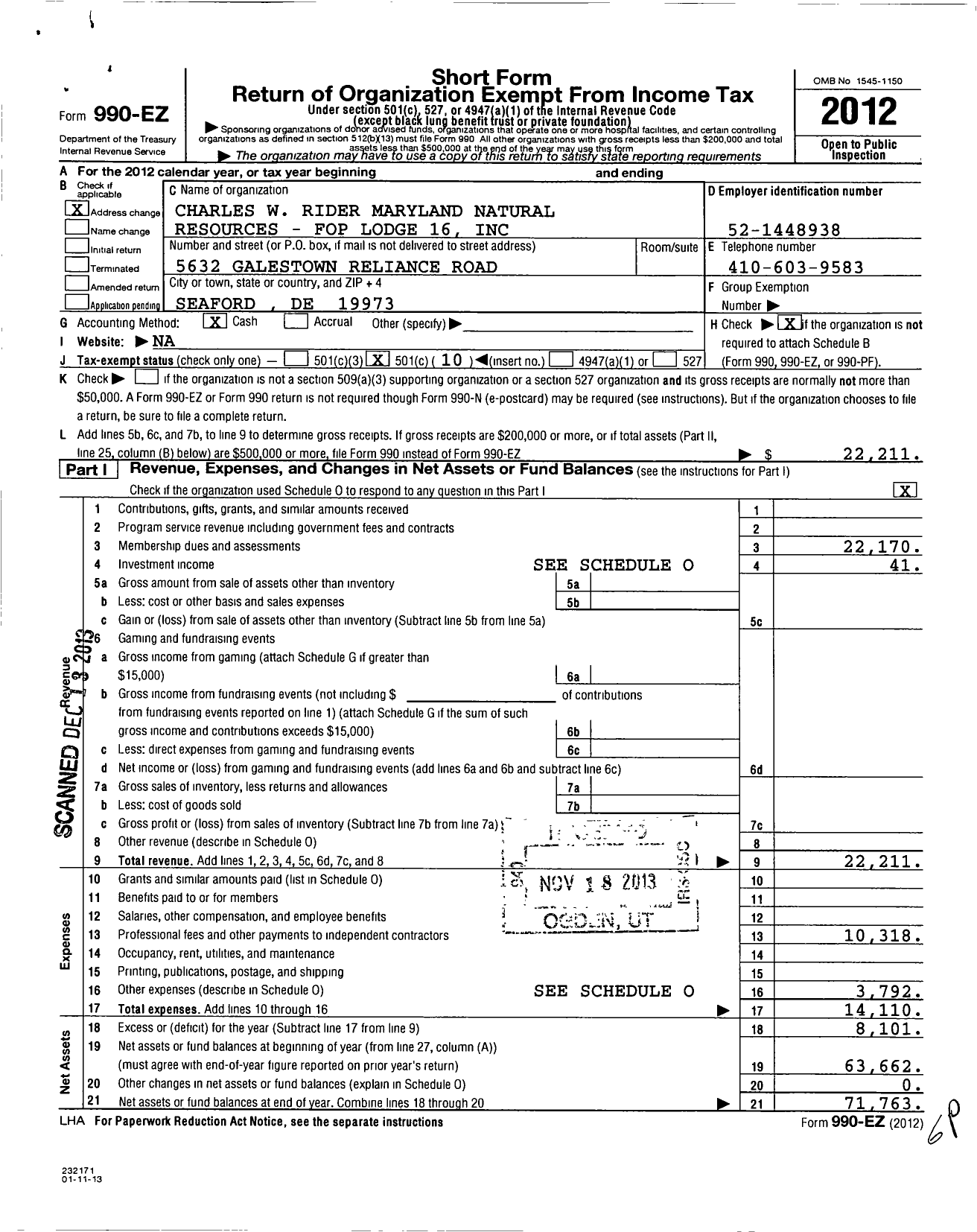 Image of first page of 2012 Form 990EO for Fraternal Order of Police - 16 Charles Rider Lodge