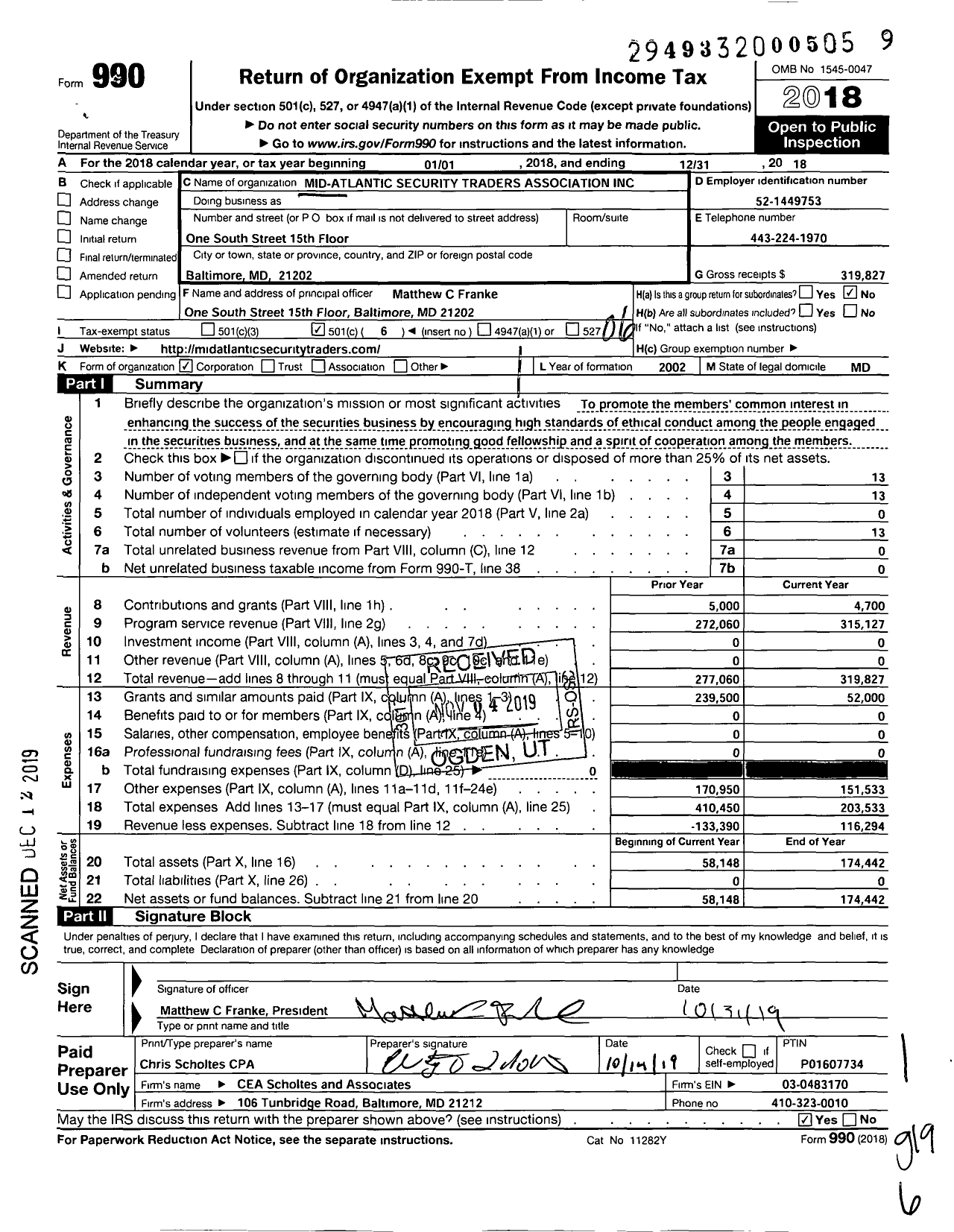 Image of first page of 2018 Form 990O for Mid-Atlantic Security Traders Association