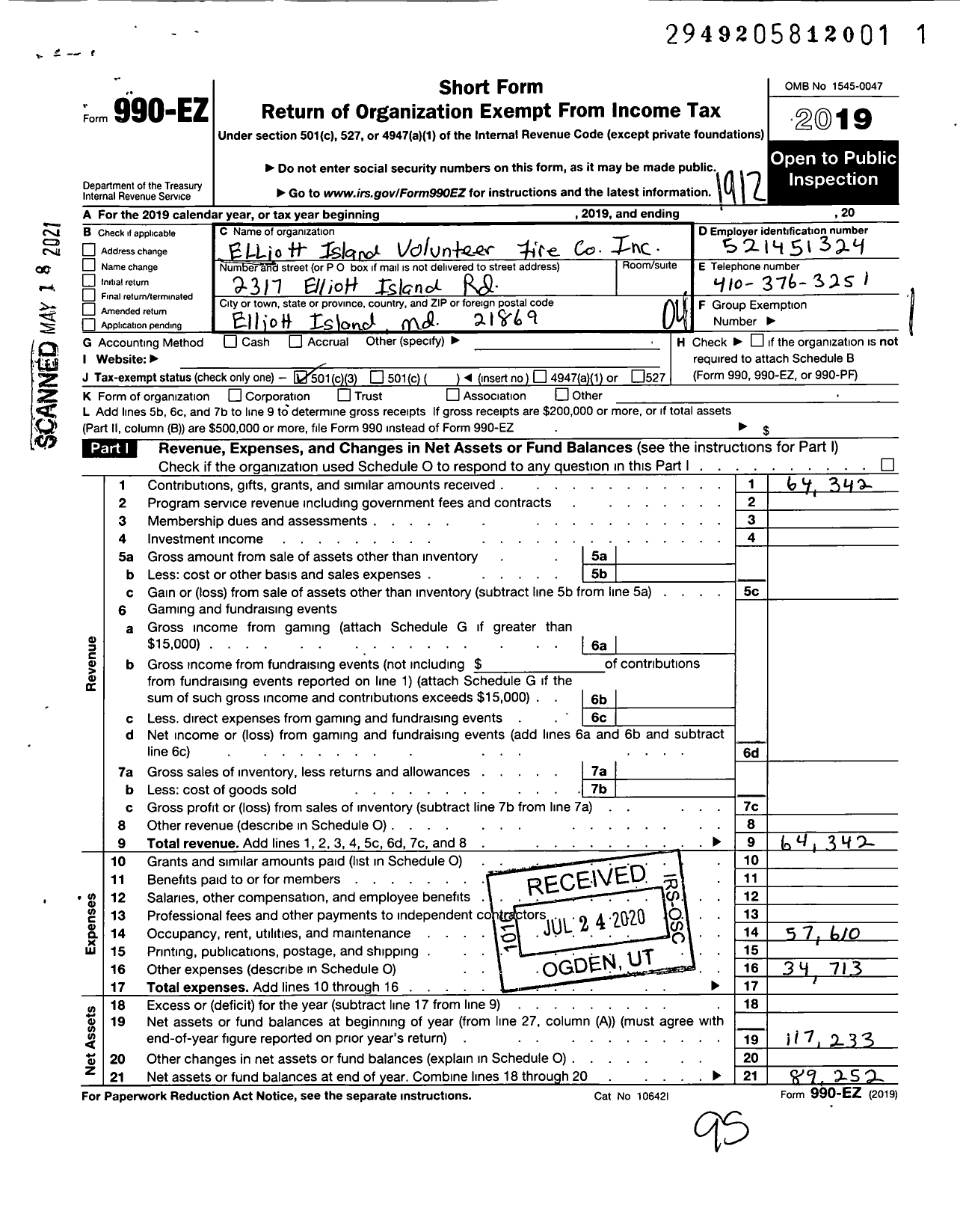 Image of first page of 2019 Form 990EO for Elliott Volunteer Fire Company Incorporated