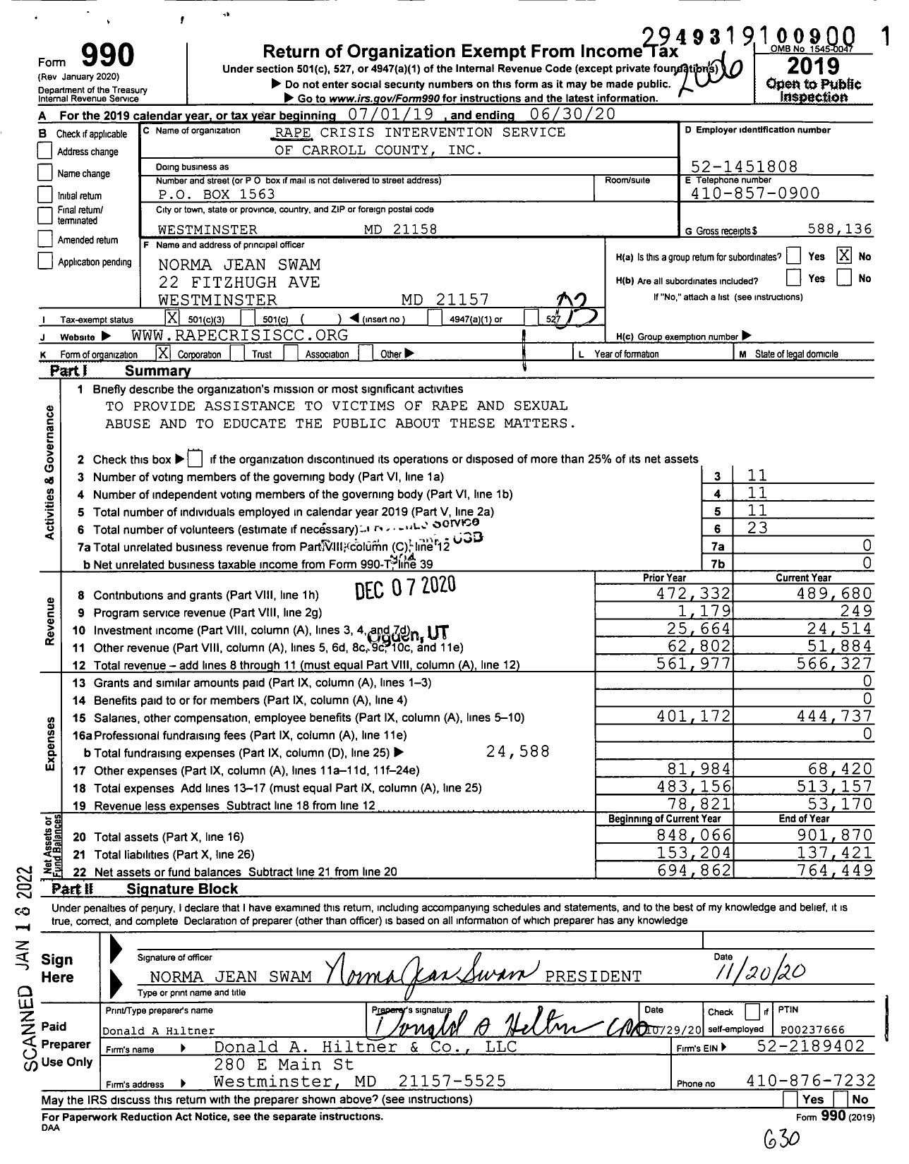 Image of first page of 2019 Form 990 for Care Healing Cetner