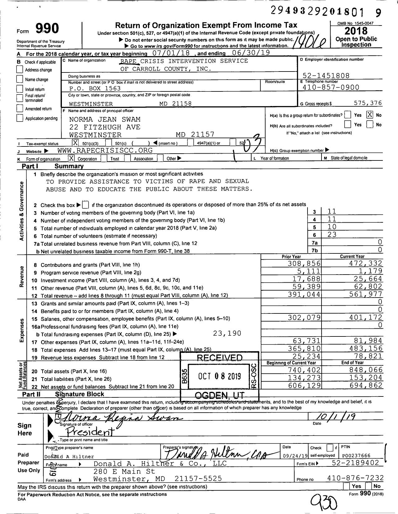 Image of first page of 2018 Form 990 for Care Healing Cetner