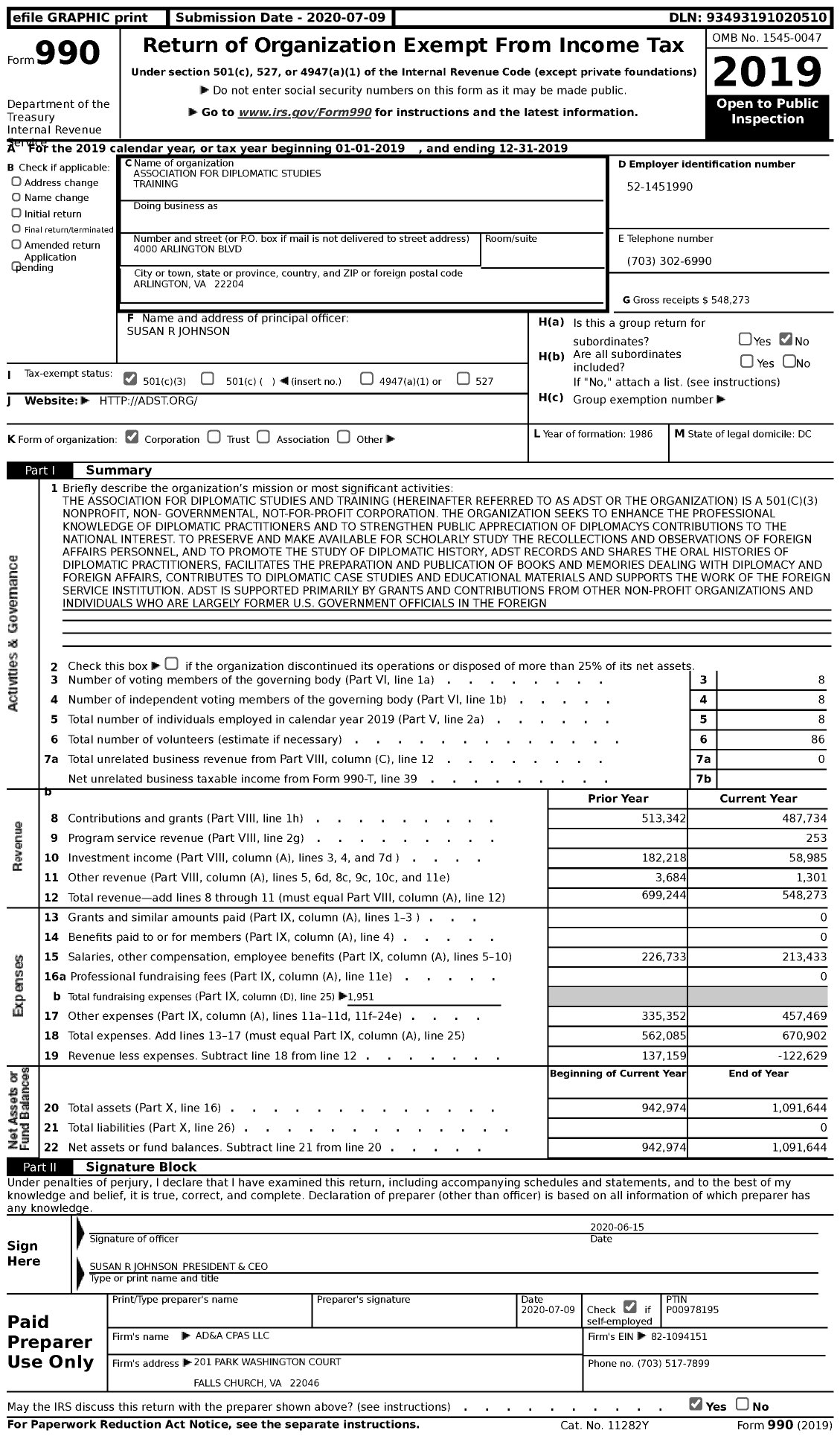 Image of first page of 2019 Form 990 for Association for Diplomatic Studies and Training