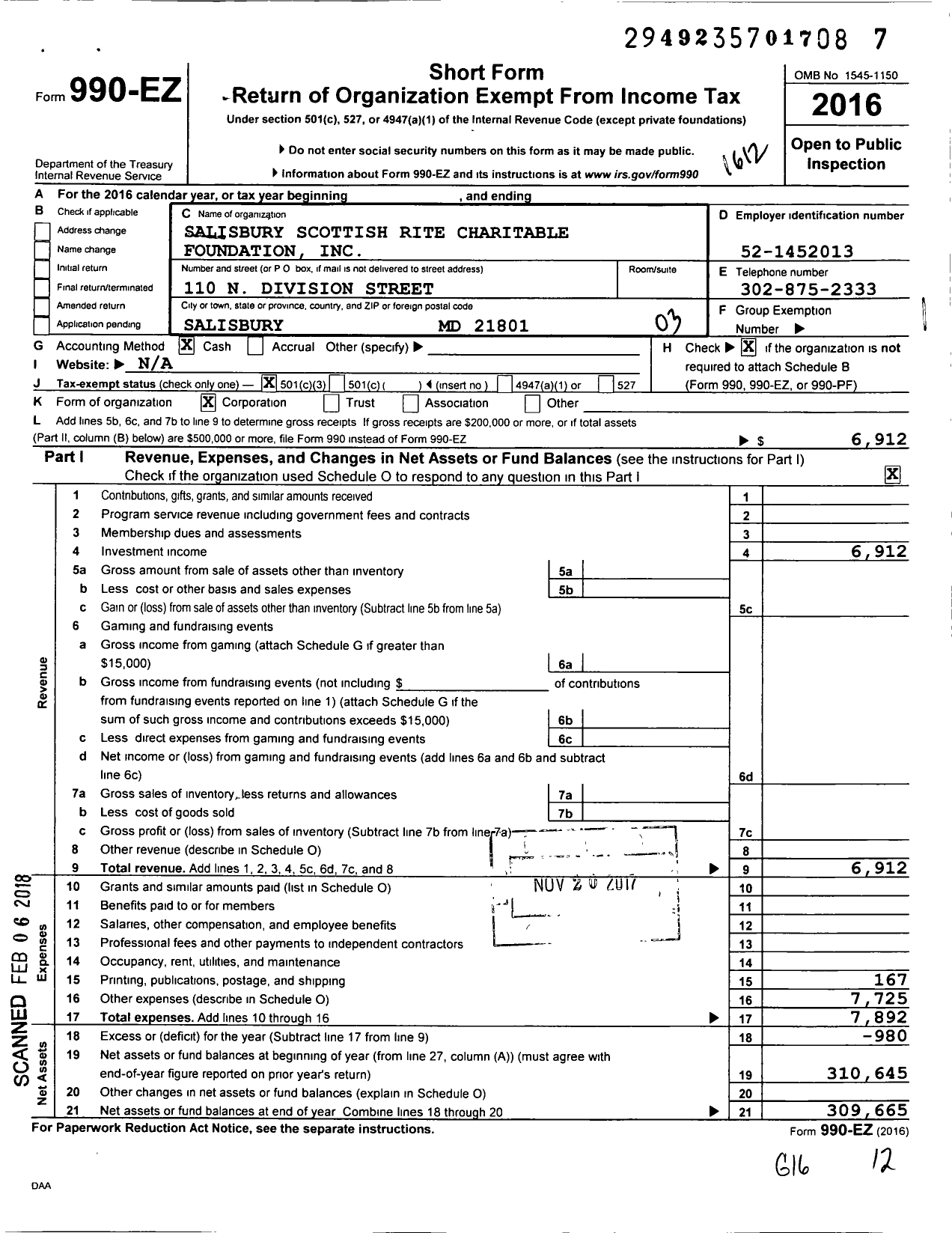Image of first page of 2016 Form 990EZ for Salisbury Scottish Rite Charitable Foundation
